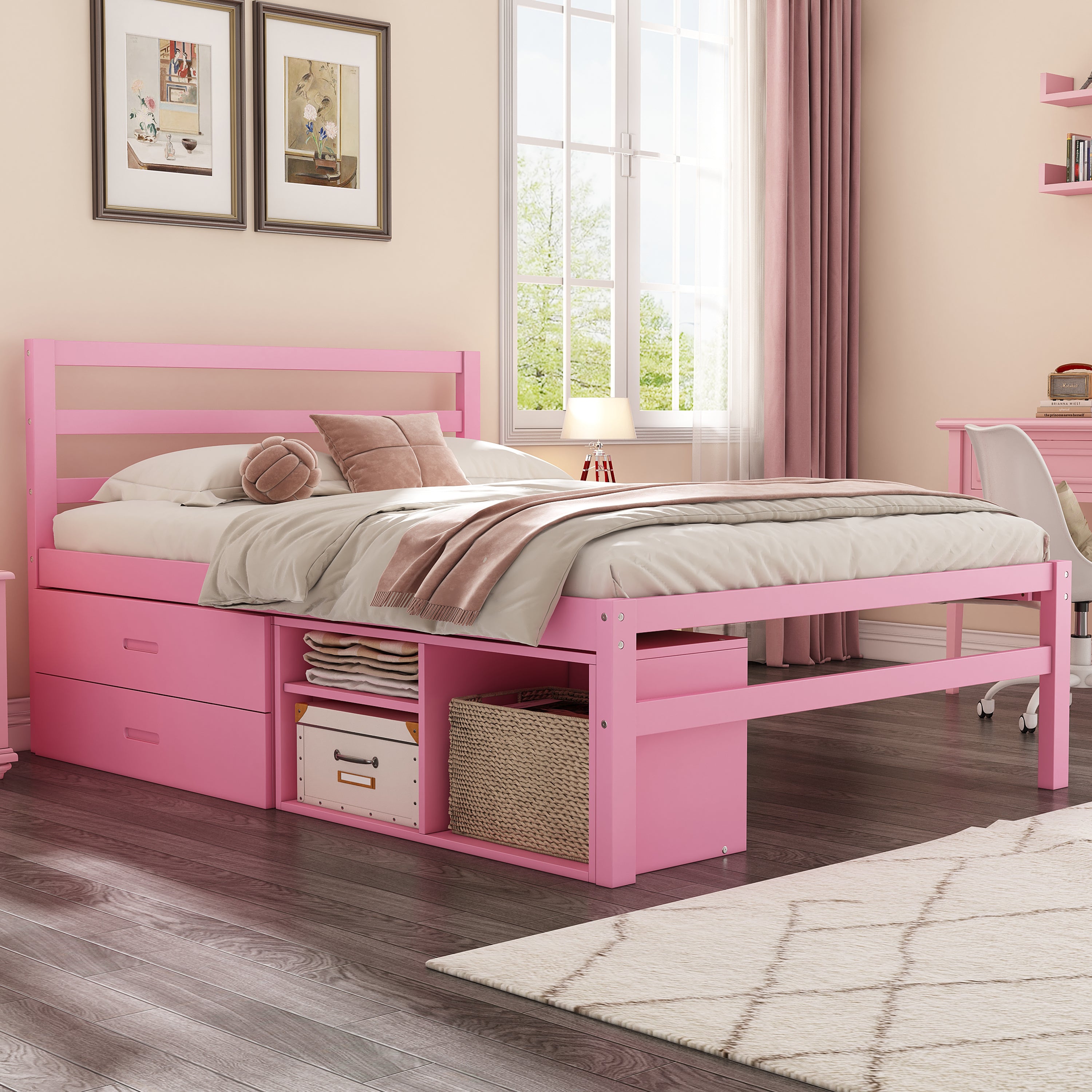 Pink Full Size Wood Platform Bed with Storage Drawers & Shelves