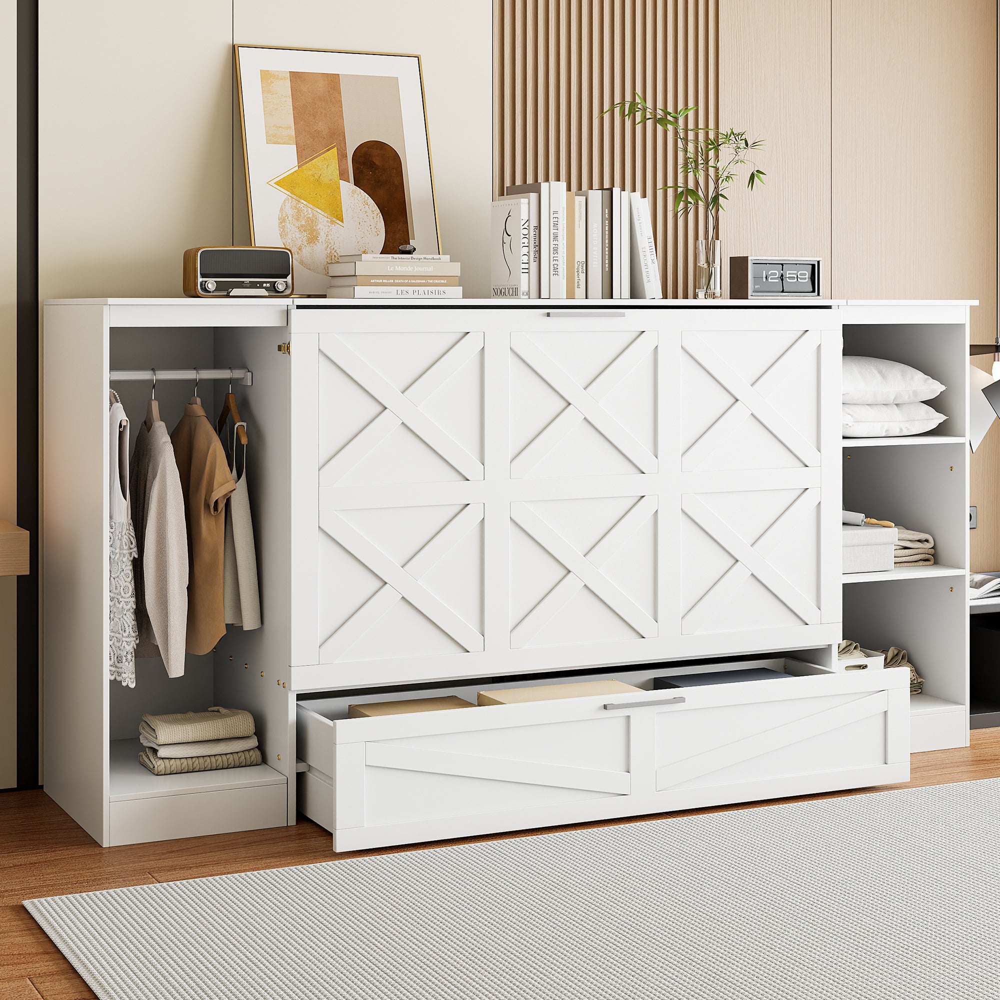 White Twin Murphy Bed with Shelves & Wardrobe - Space-Saving Solution