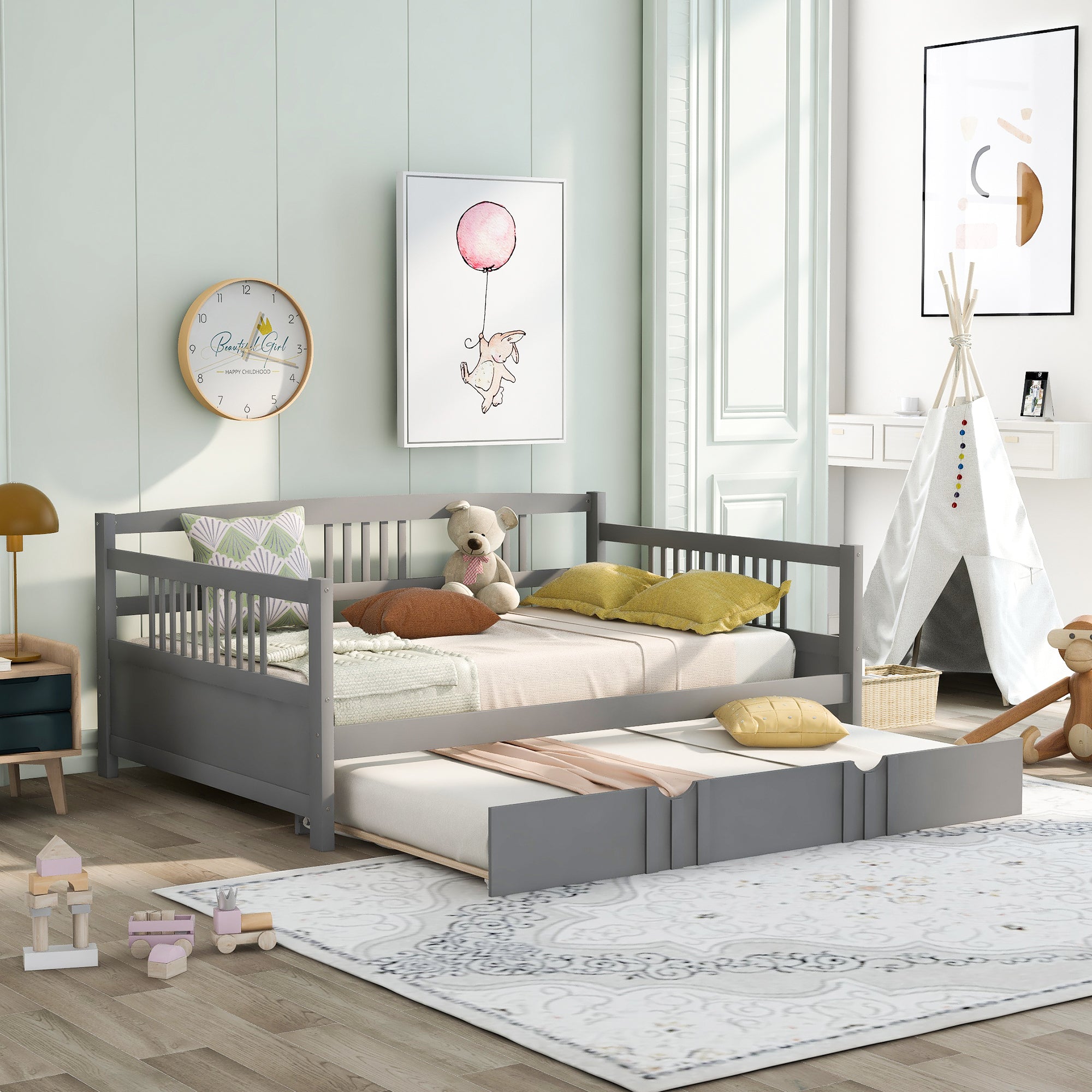 Gray Wood Daybed with Twin Trundle Bed