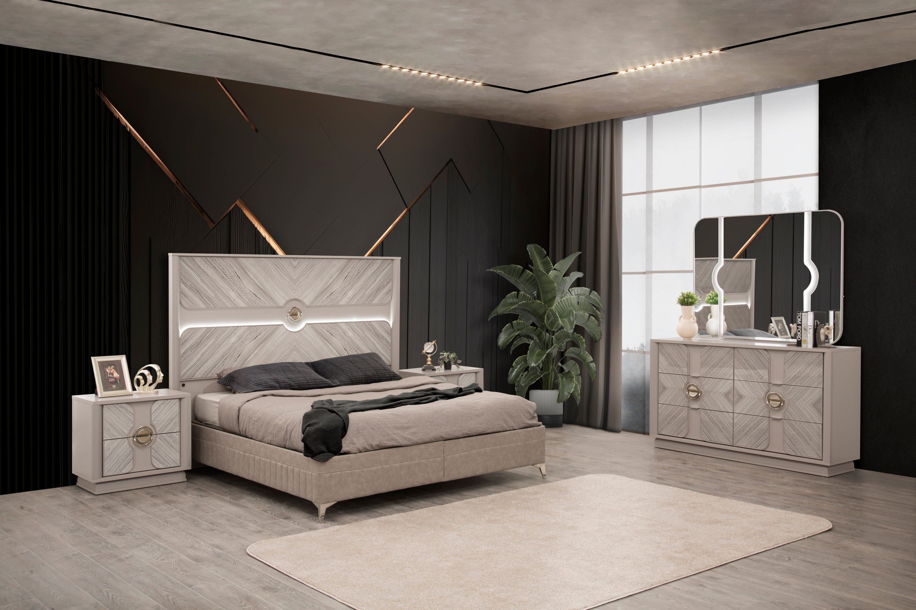 Eternity Traditional Queen Bedroom Set | Wood & Gold Accents Beige