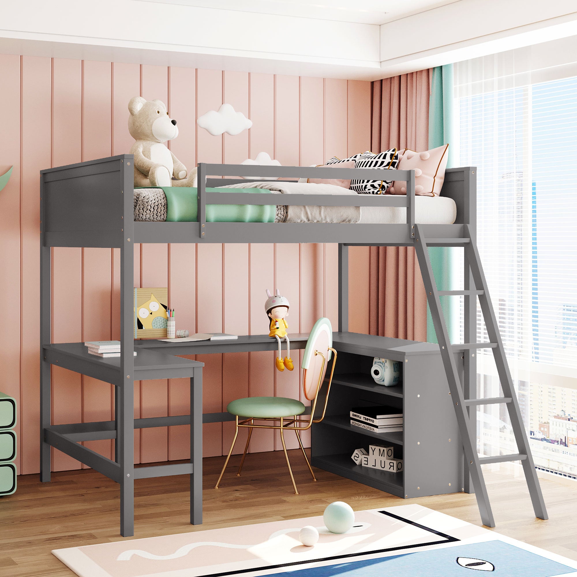 Full Size Wooden Loft Bed with Desk & Shelves - Gray