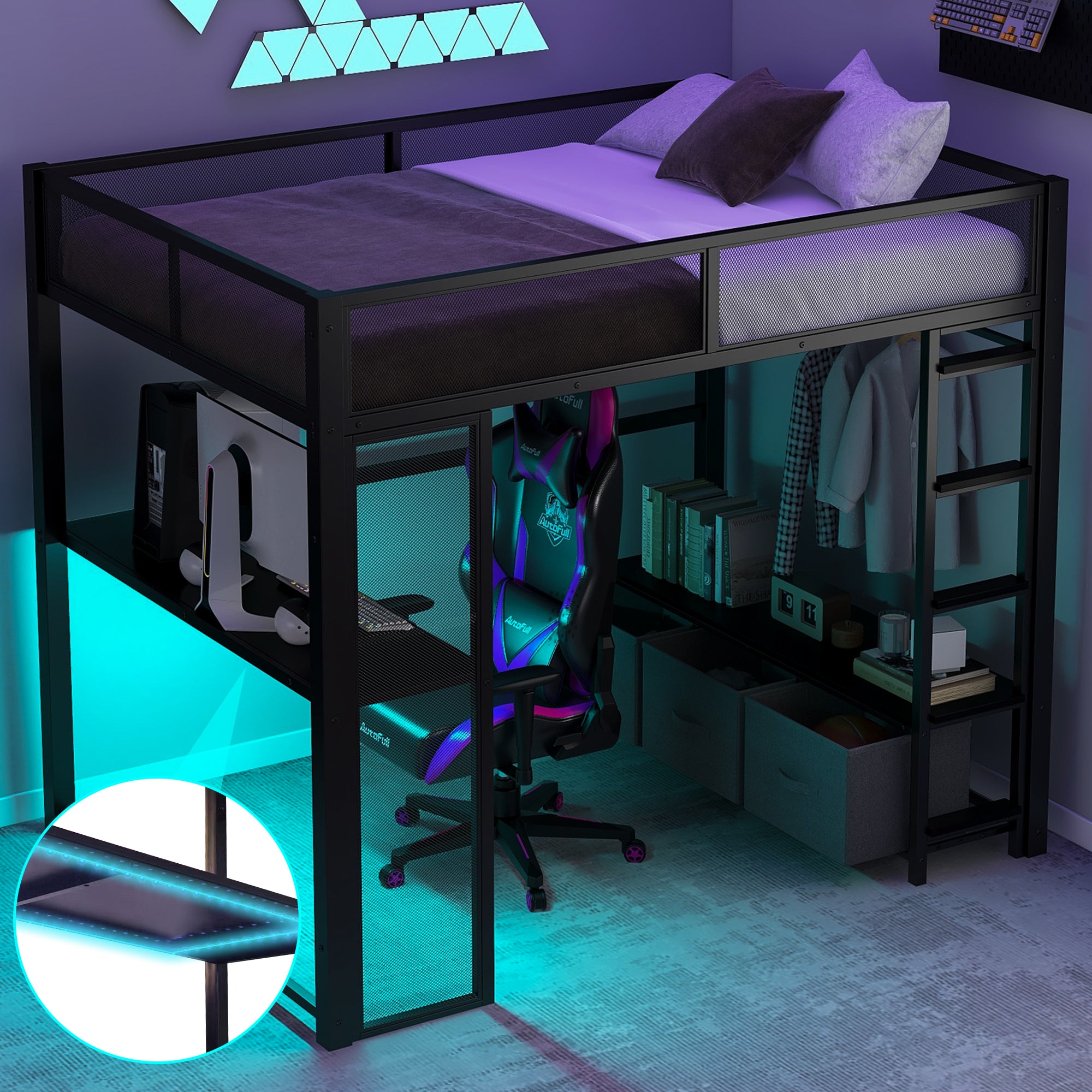 Black Full Size Gaming Loft Bed: LED, Desk, Wardrobe, Storage