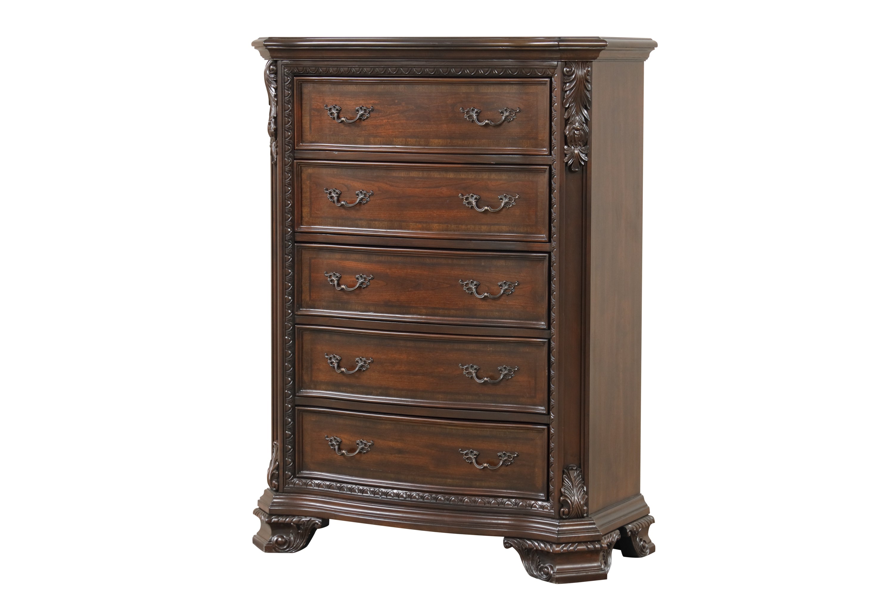 Traditional Walnut 5-Drawer Wood Chest with Metal Pulls