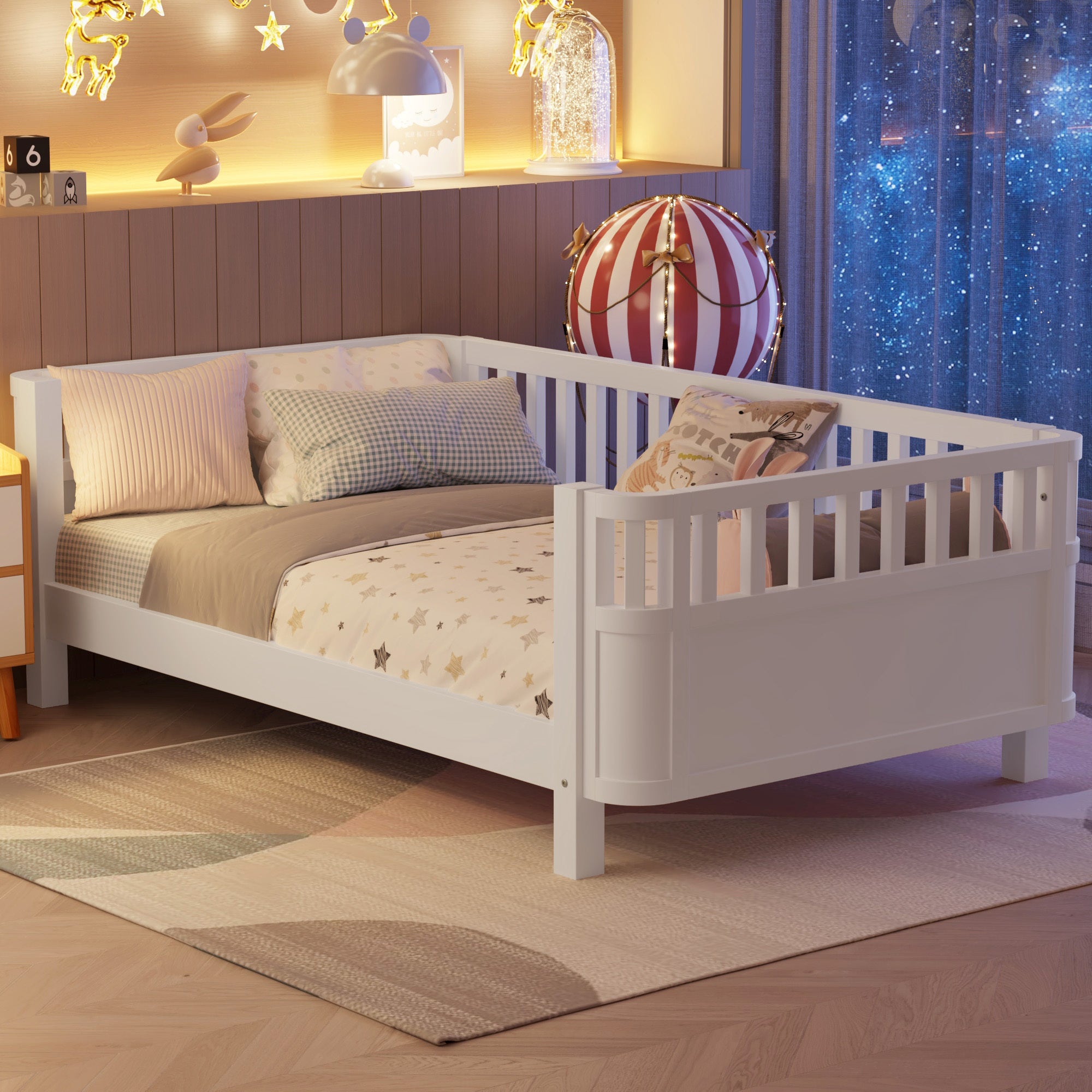 Twin White Wood Low Profile Platform Bed for Kids with Rails