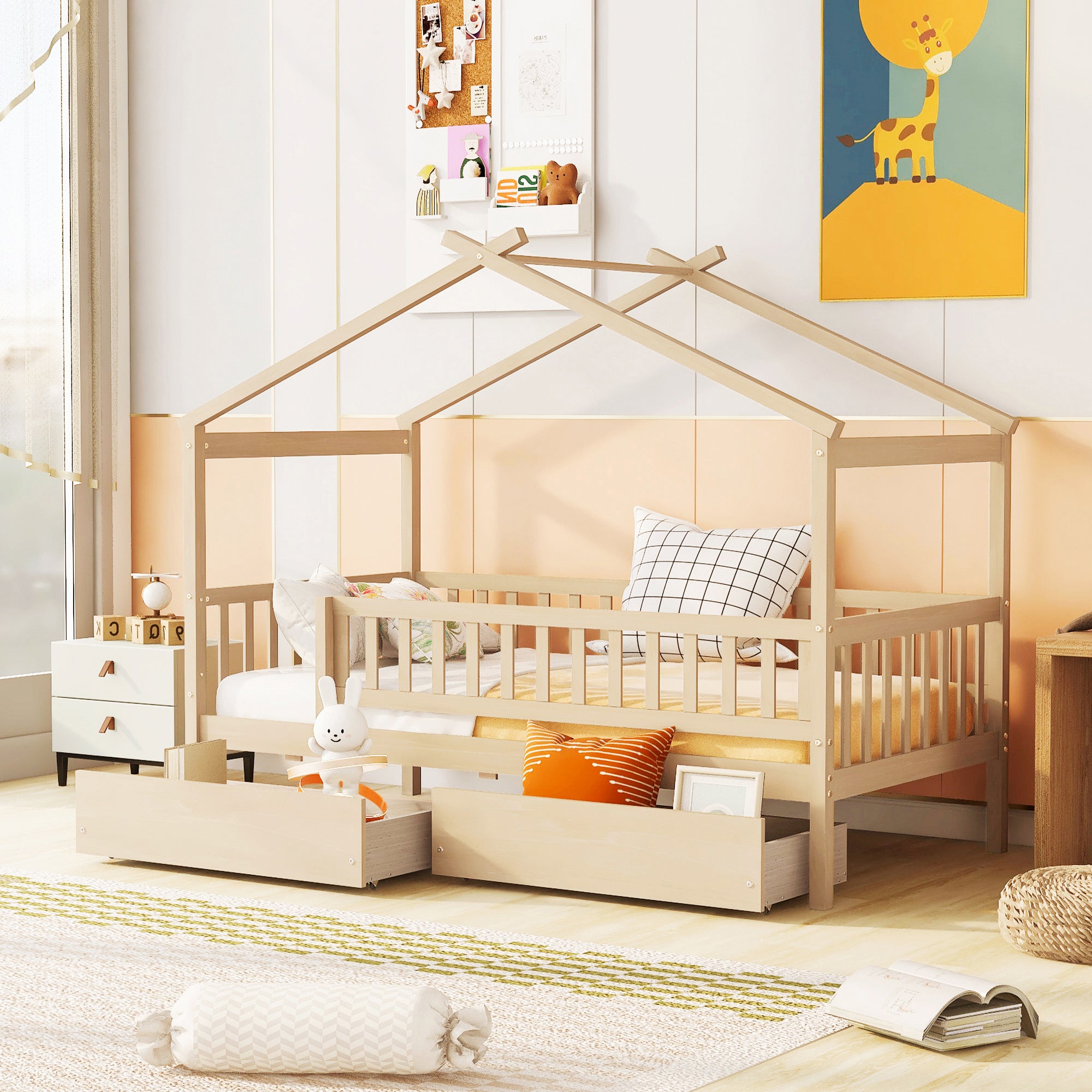 Twin Wooden House Bed with Storage Drawers - Natural