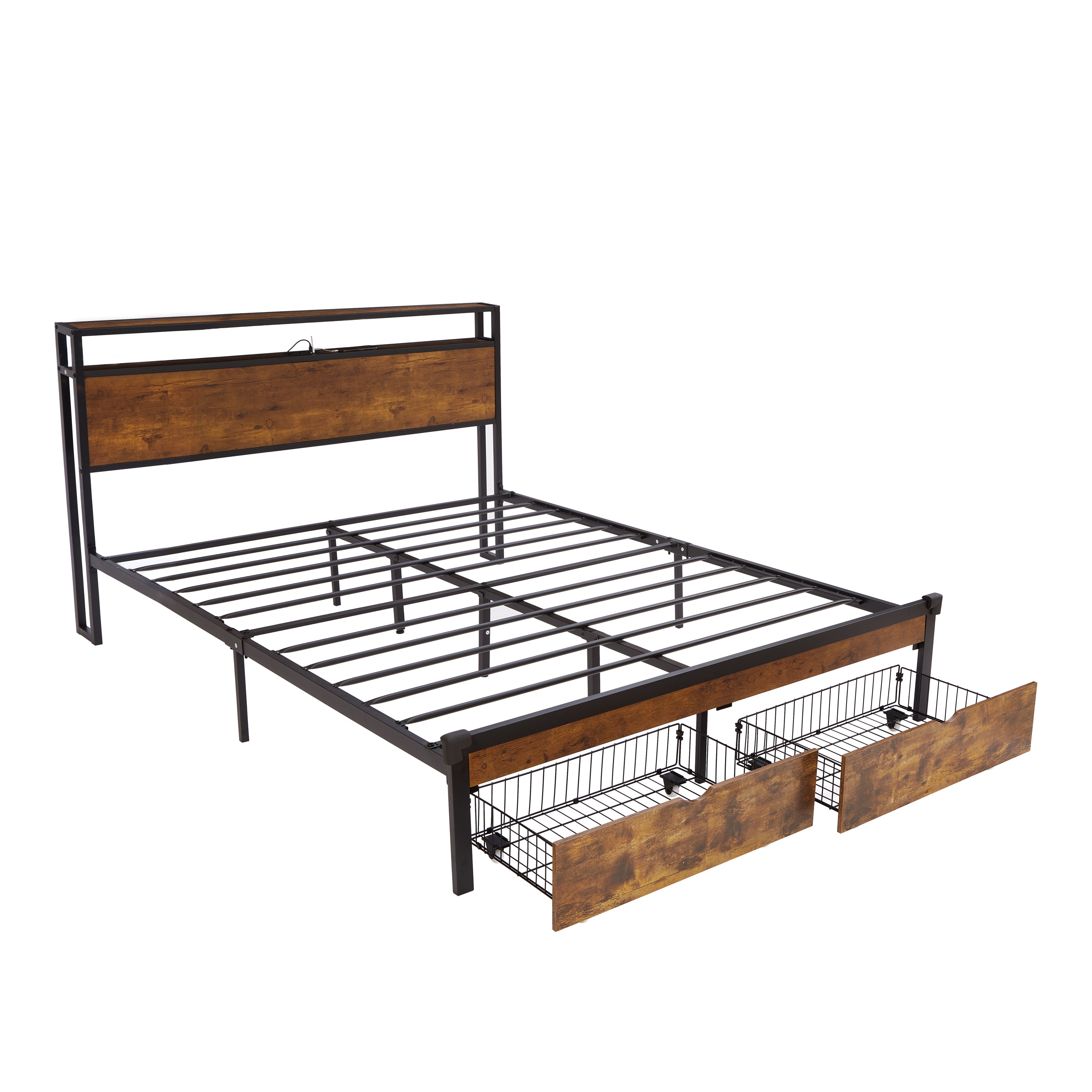 King Size Metal Platform Bed Frame with USB, LED, Storage, Wood Headboard