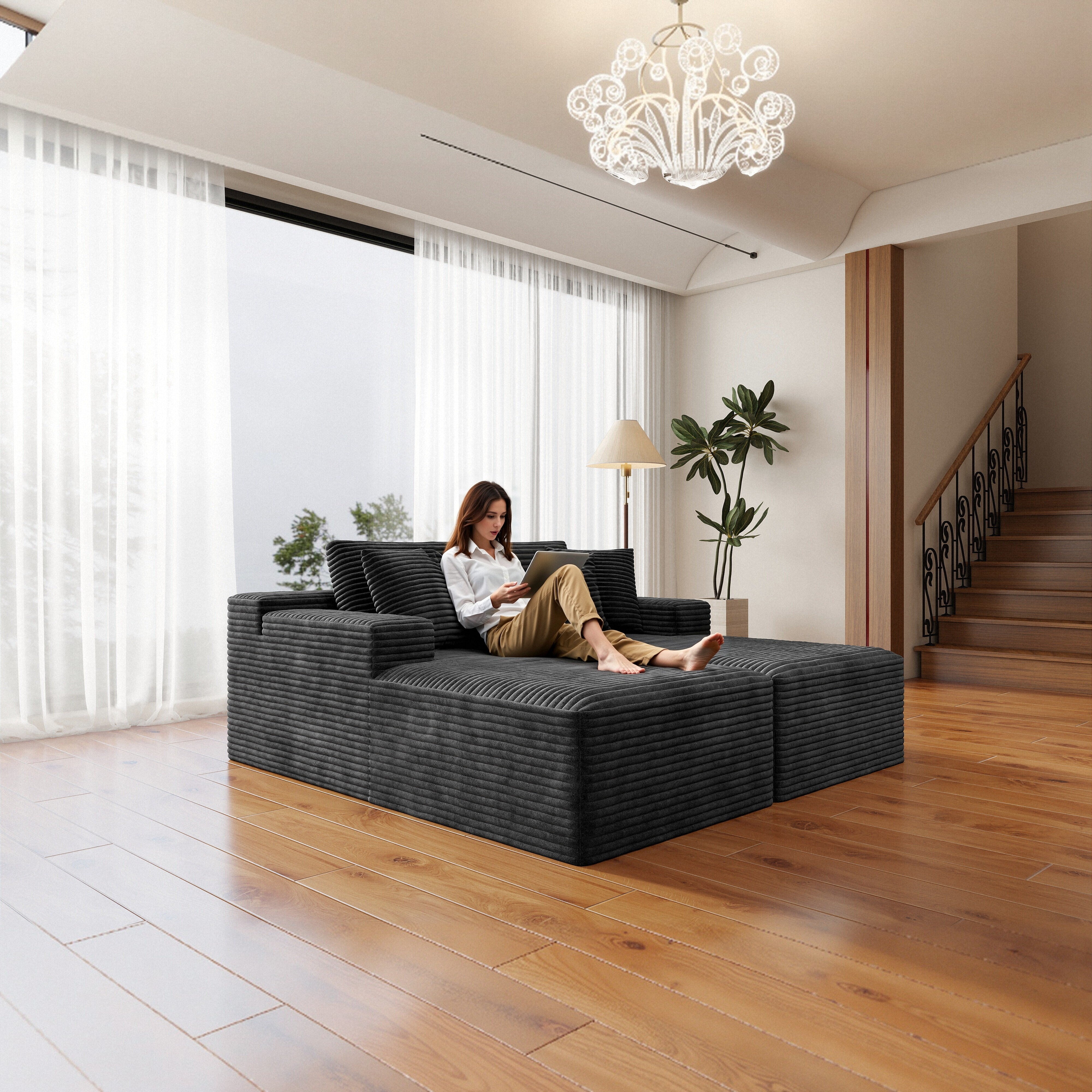 Plush Grey Corduroy Modular Sectional Sofa No Assembly