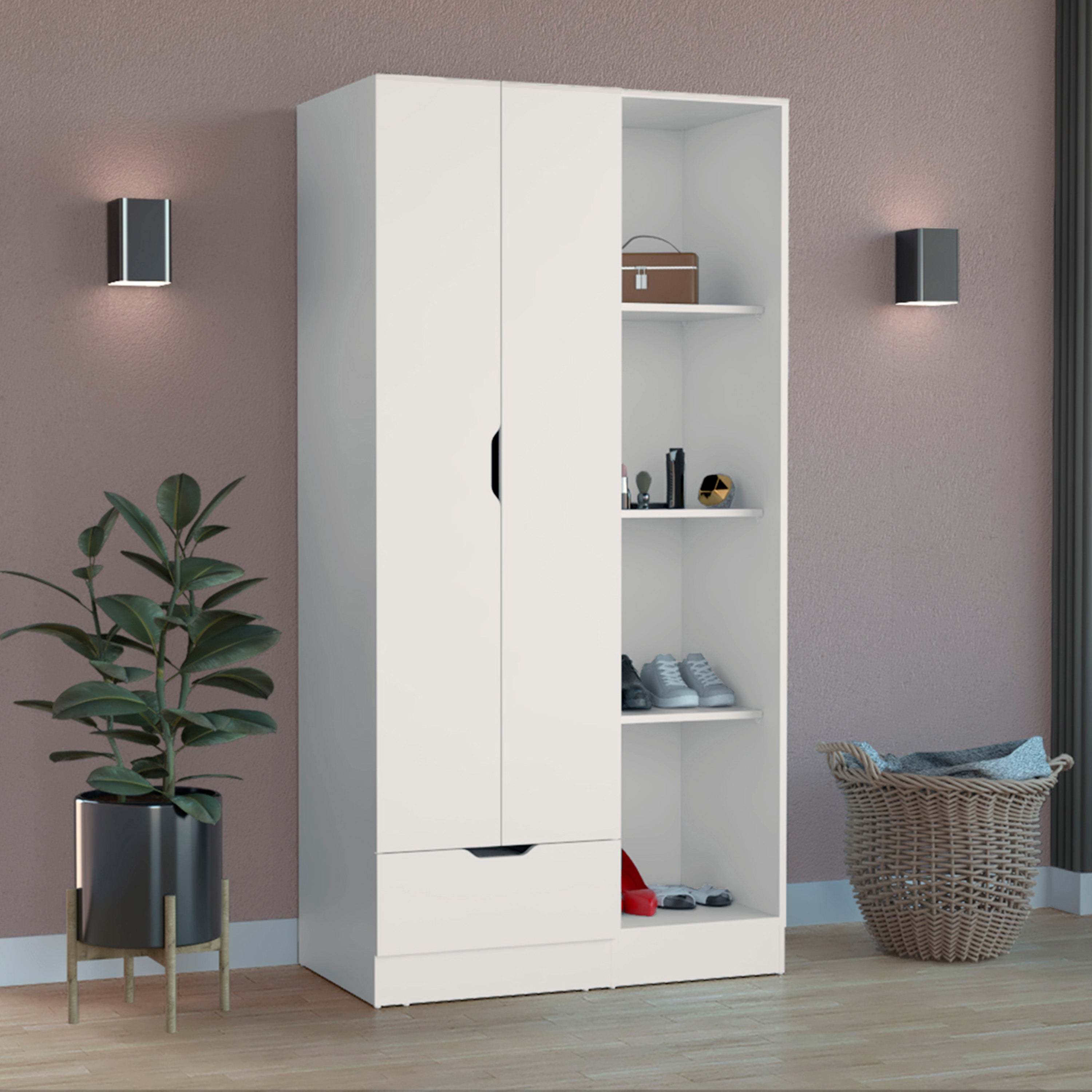 White Armoire 71"H with Drawer & Open Shelves