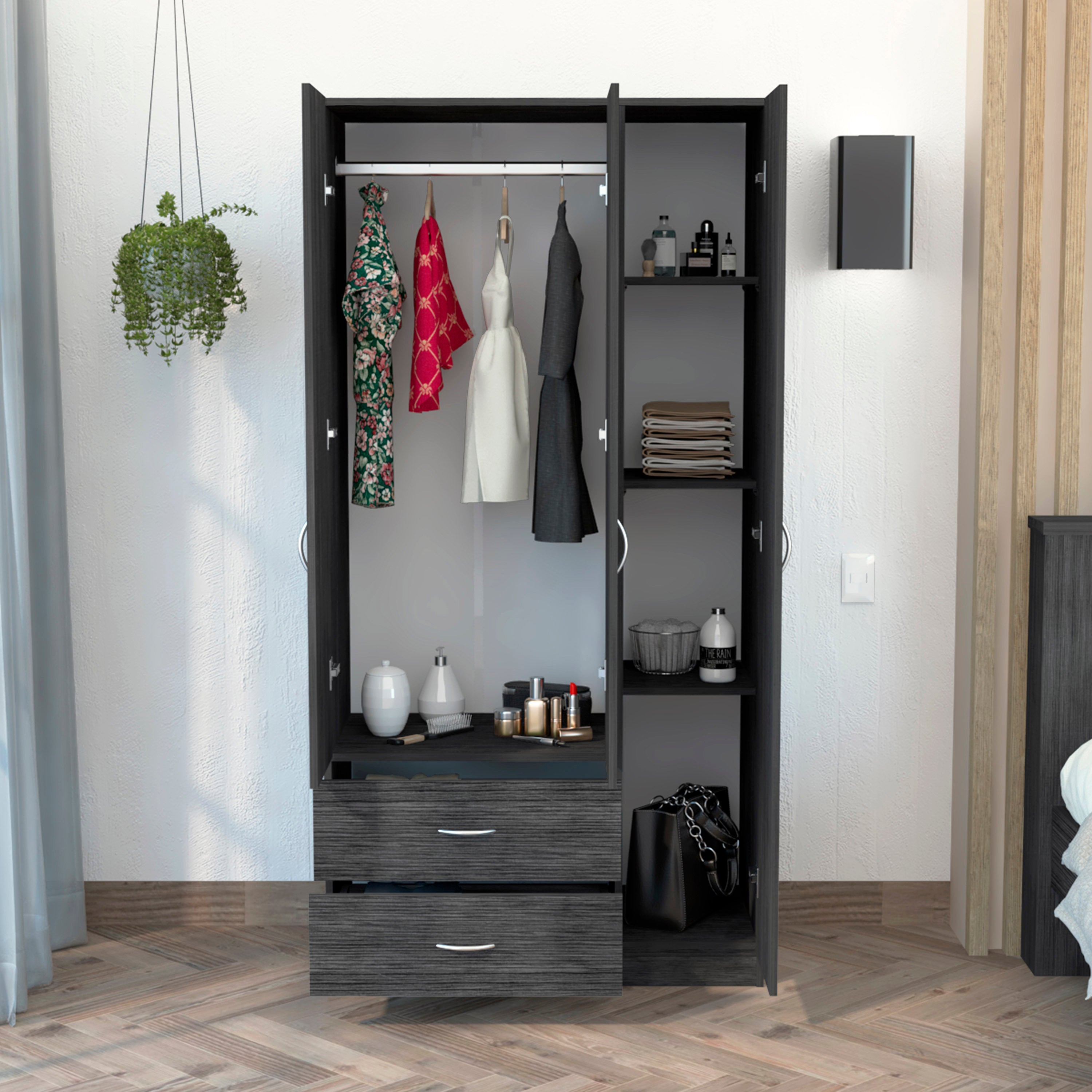 Austral 3-Door Armoire: Drawers, Shelves, Rod, Oak White