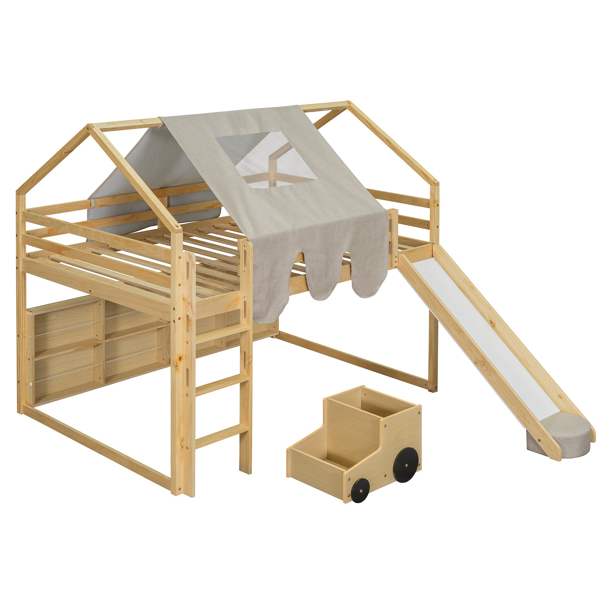 Wooden Loft Bed House-shaped Frame with Tent, Natural+Beige Finish, Full SizeFull Size Wooden House Loft Bed with Tent