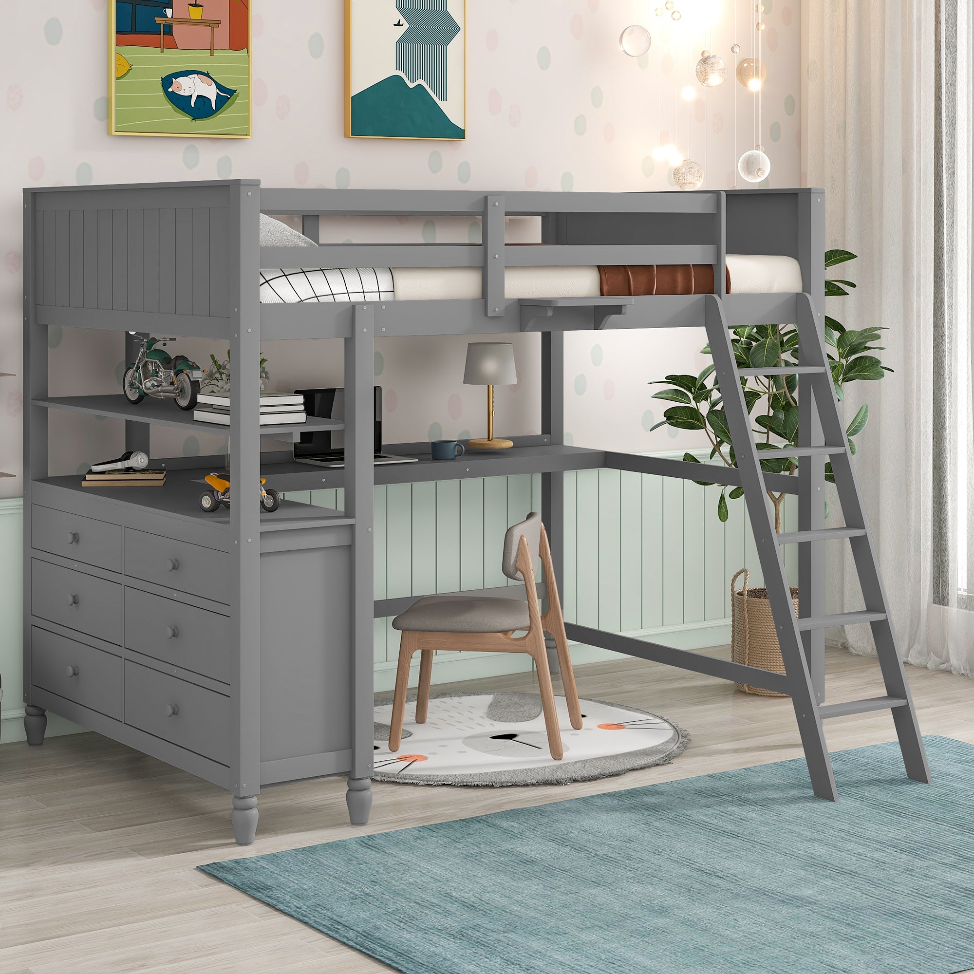 Full Size Wooden Loft Bed with Desk, Drawers & Shelves - Gray