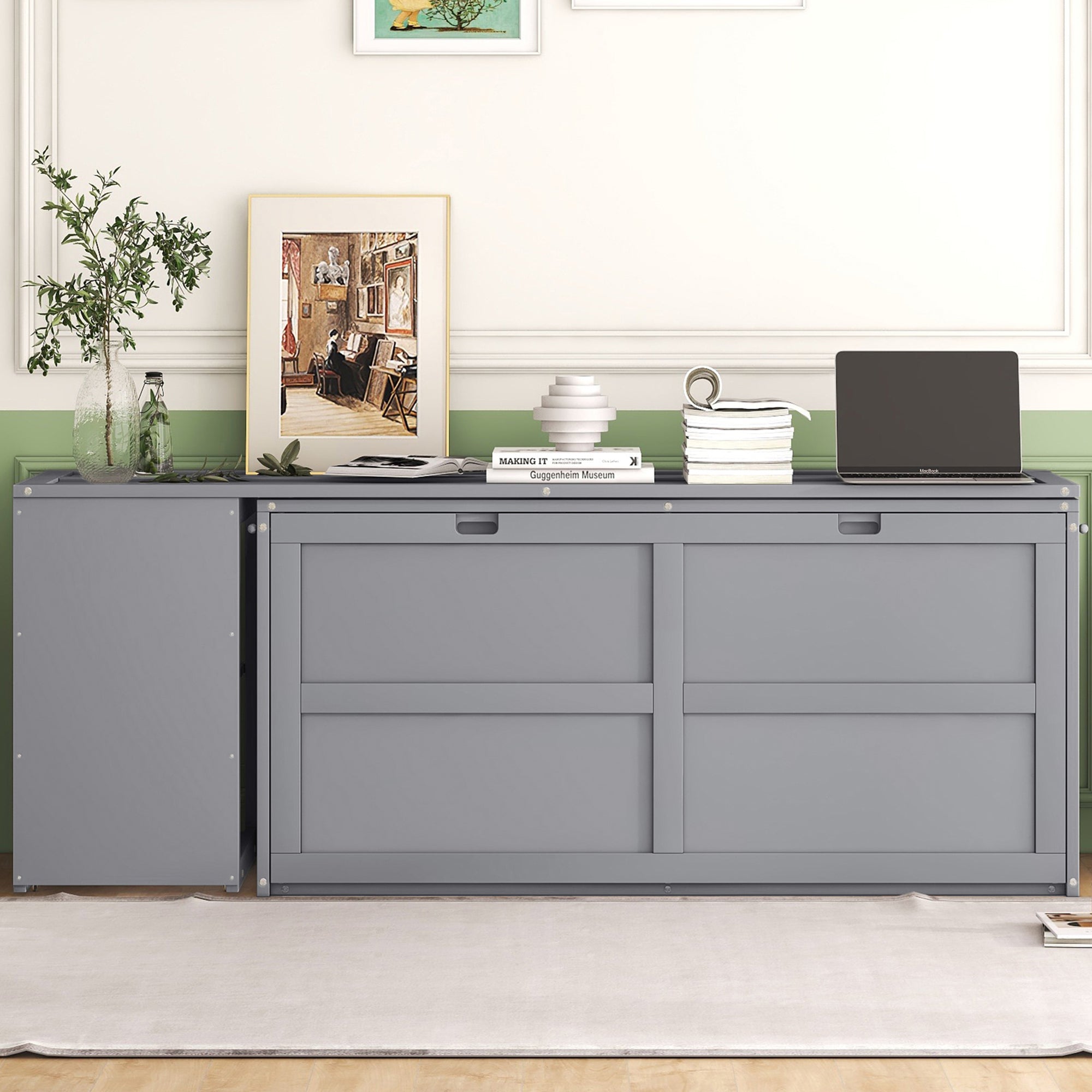Queen Size Murphy Bed, Rotatable Desk, Gray - Space Saving Furniture