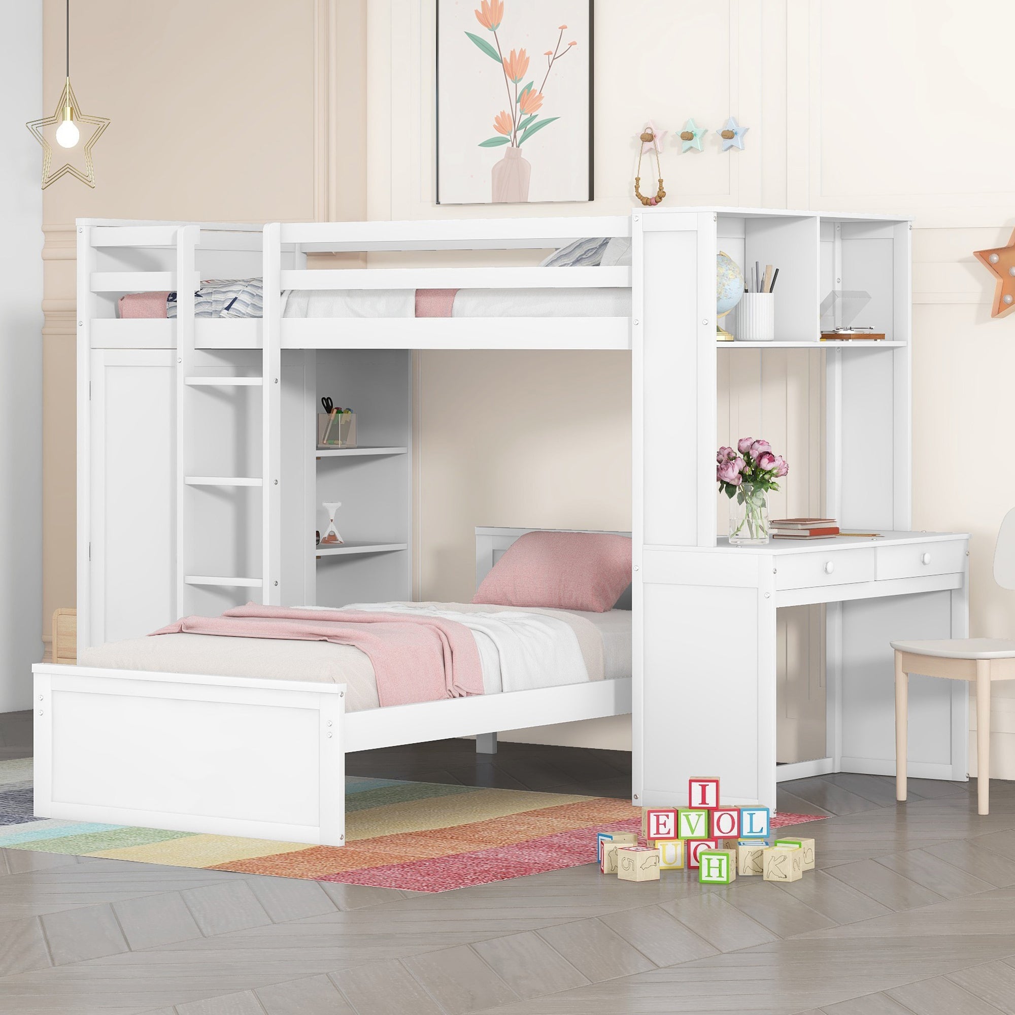 Twin Loft Bed with Desk, Wardrobe, Shelves, Stand-Alone Bed - White