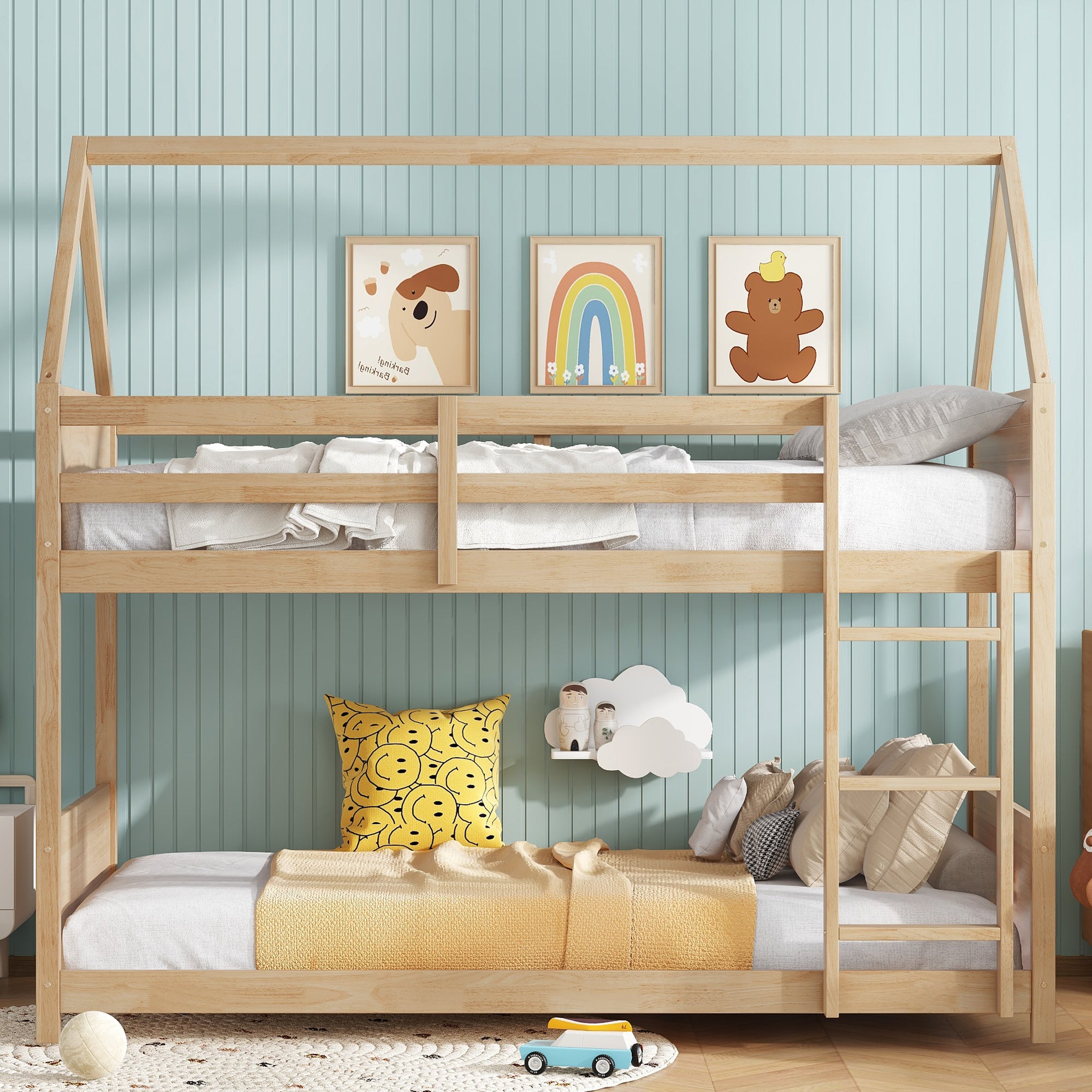 Twin Over Twin House Floor Bunk Bed, Ladder, Guardrails, White Oak