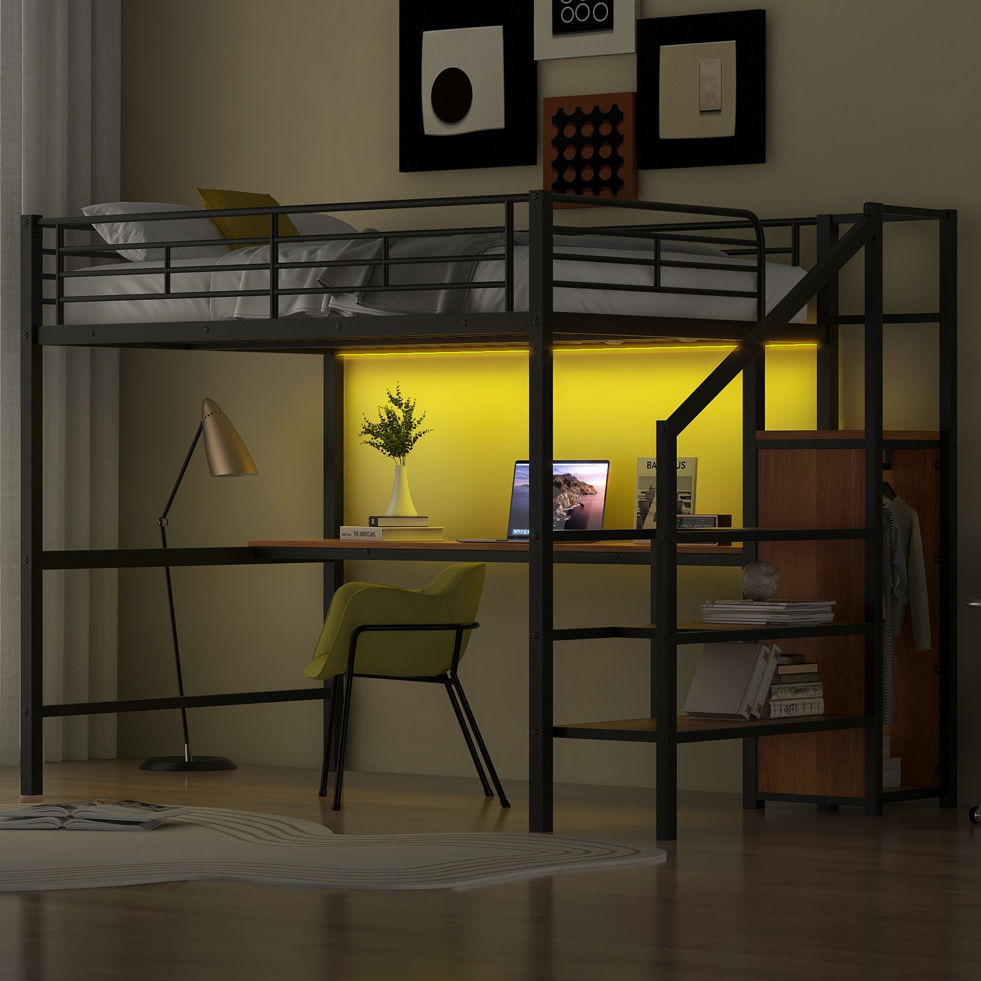 Full Size Metal Loft Bed with Desk, Storage, Wardrobe & LED Light - Black