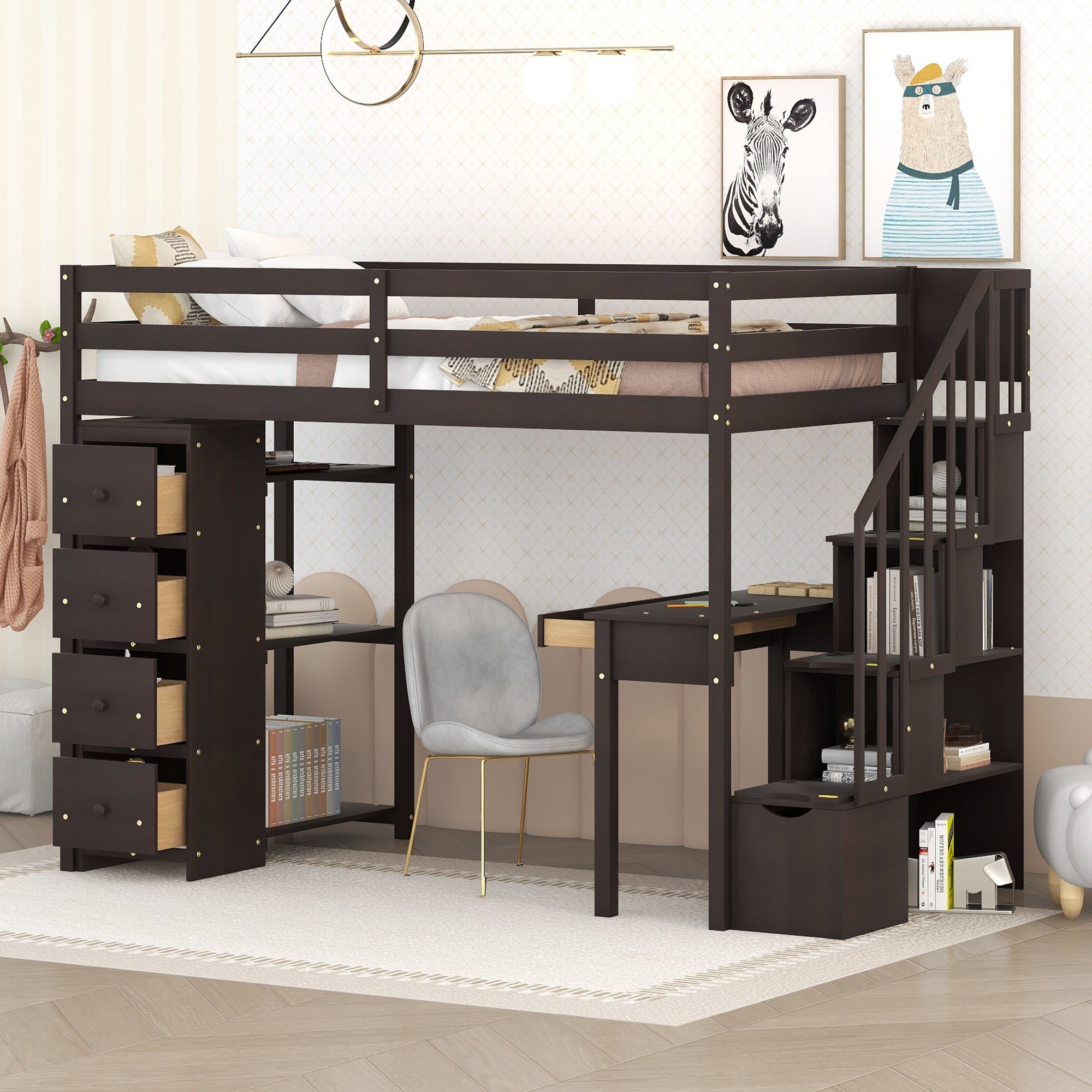 Twin Loft Bed with Storage, Desk, Stairs & Shelves - Espresso