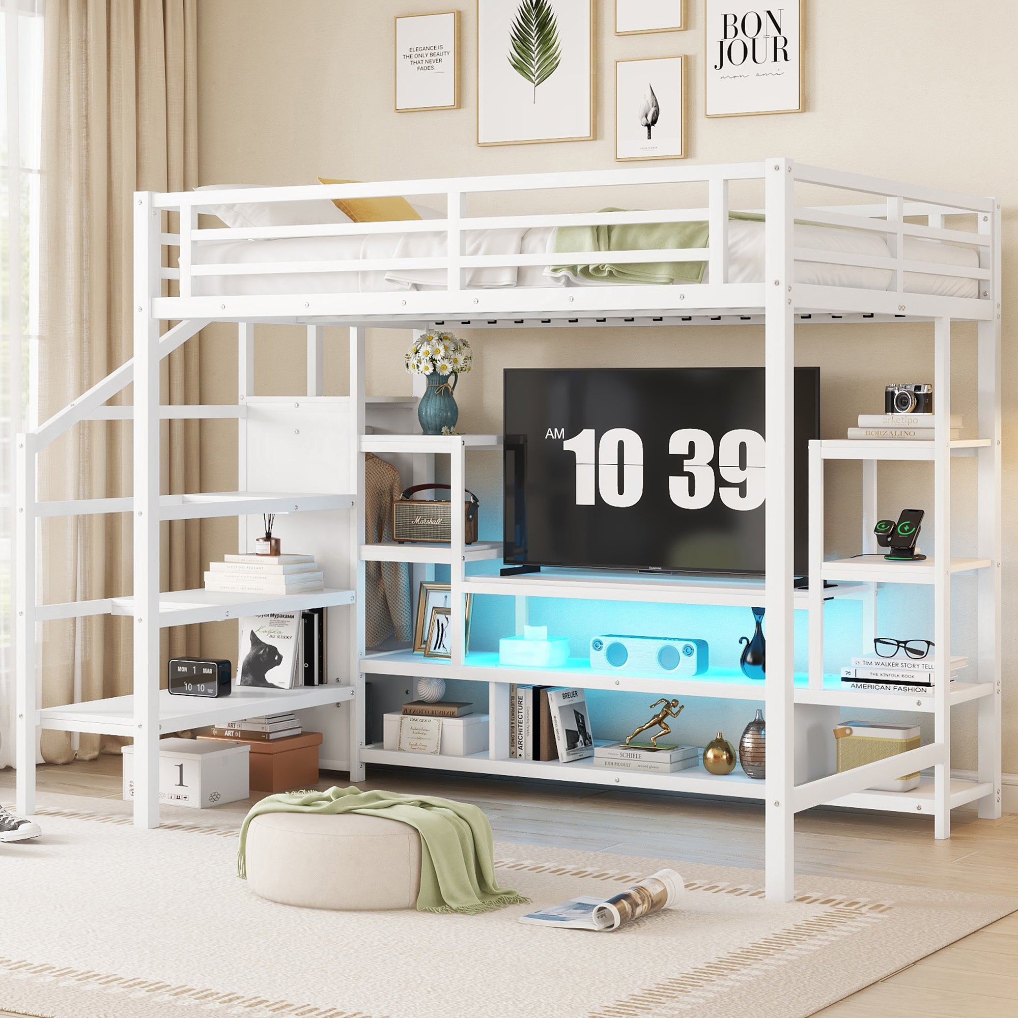 White Full Size Metal Loft Bed w/ TV Cabinet, Staircase & Wardrobe