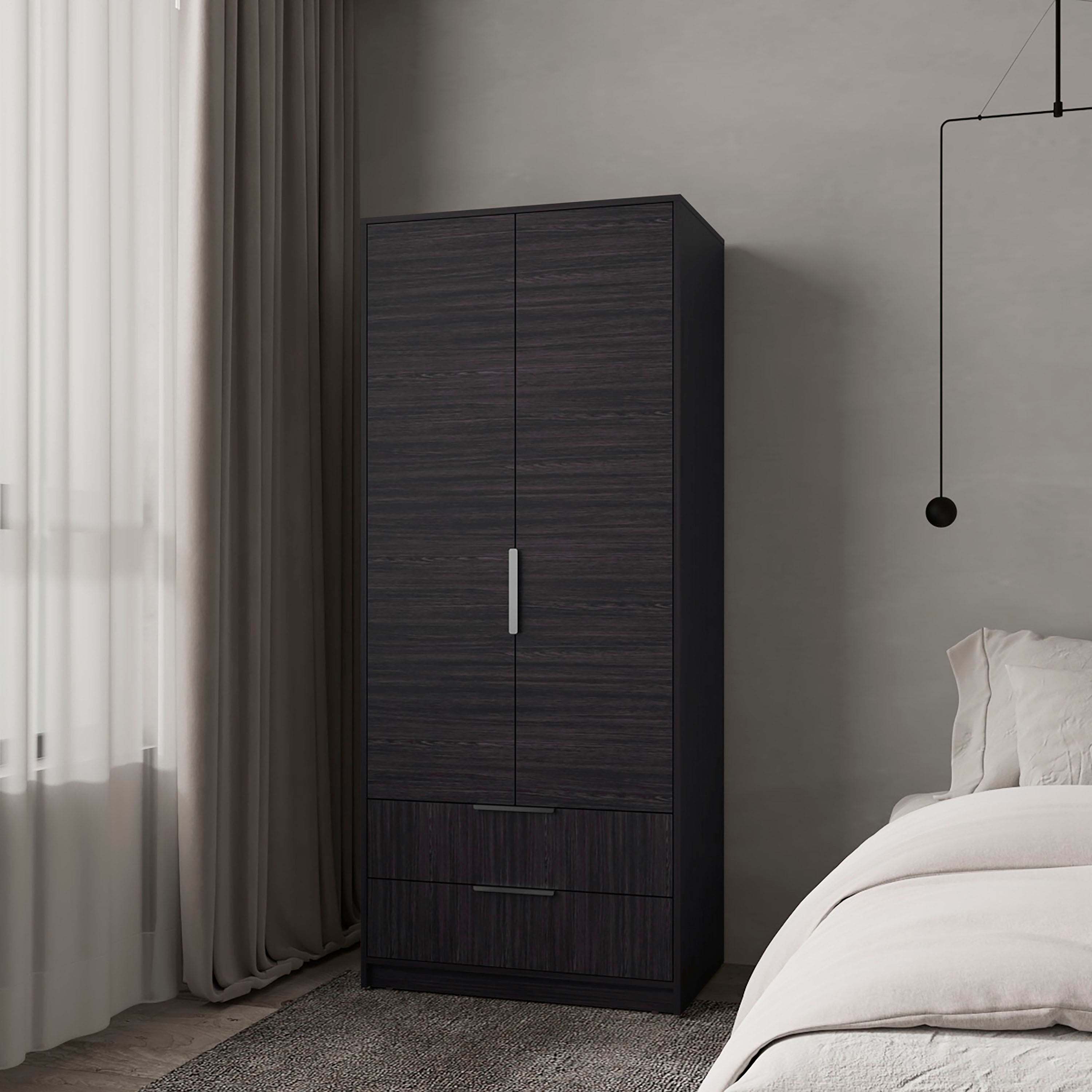 Wengue 2-Door Wardrobe with 2 Drawers & Hanging Rod