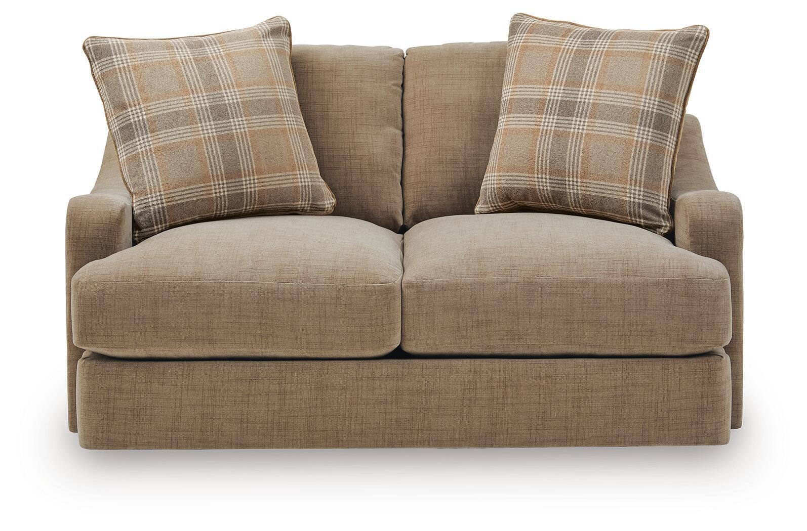 Beige loveseat with two plaid back pillows and two seat cushions, front close view