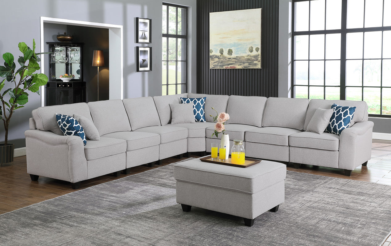 Leo 125" Light Gray Linen Modular Sectional Sofa + Ottoman