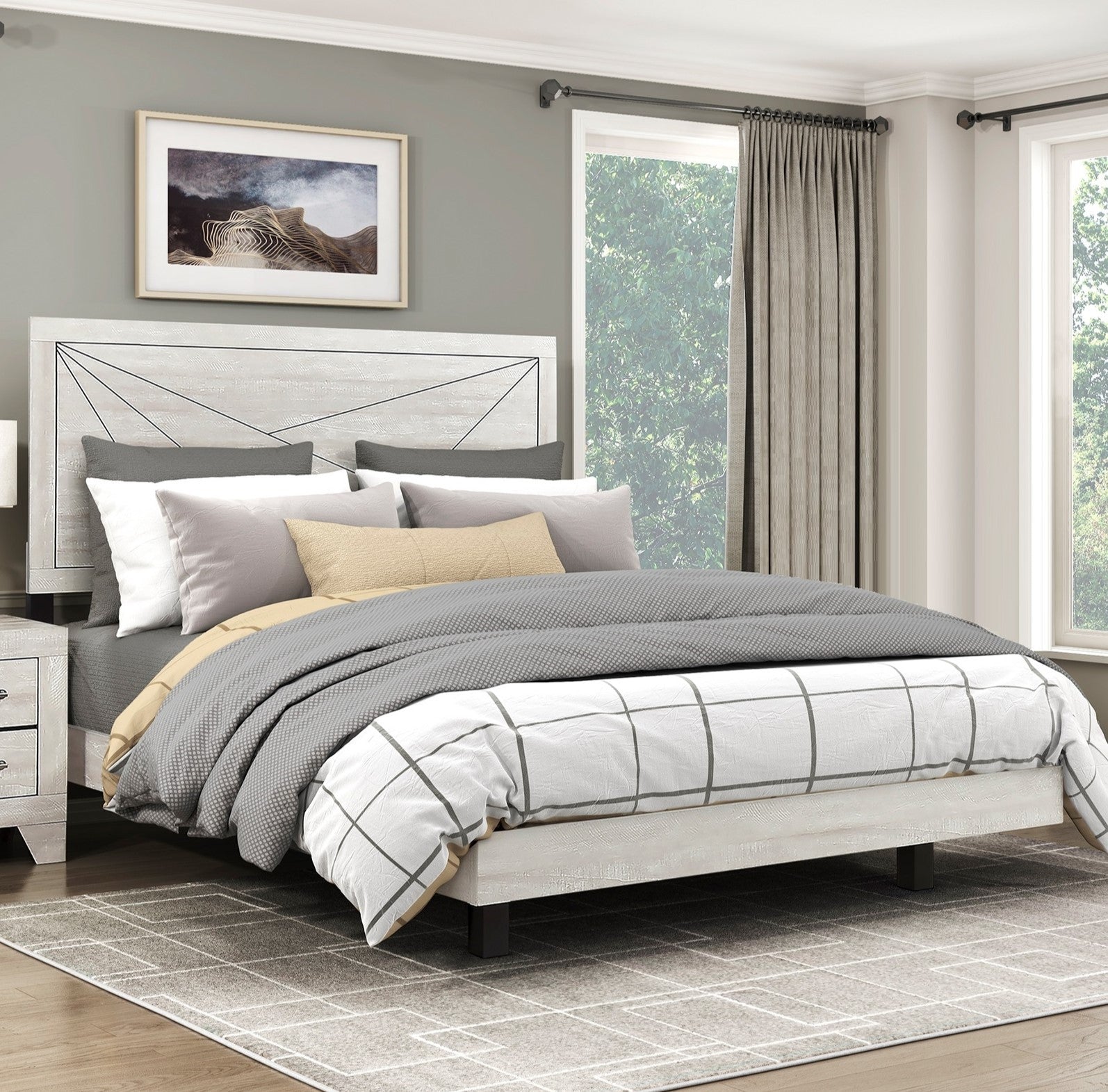 Gray Oak Full Bed w/ Line Pattern Headboard, Durable Bedroom Furniture