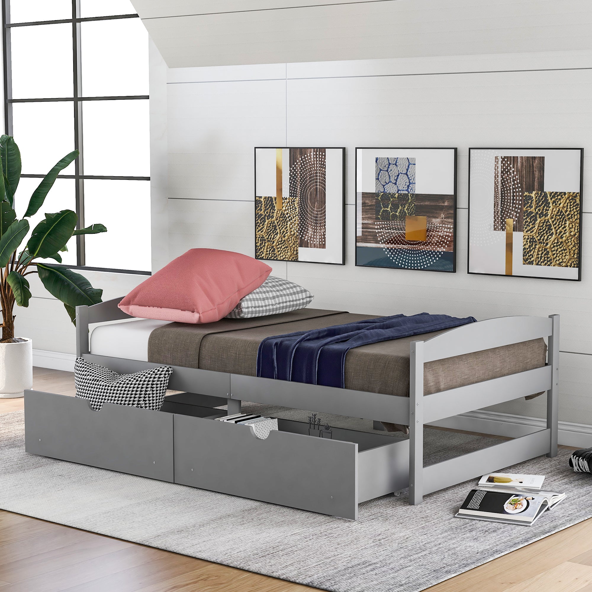 Gray Twin Platform Bed w/ 2 Drawers