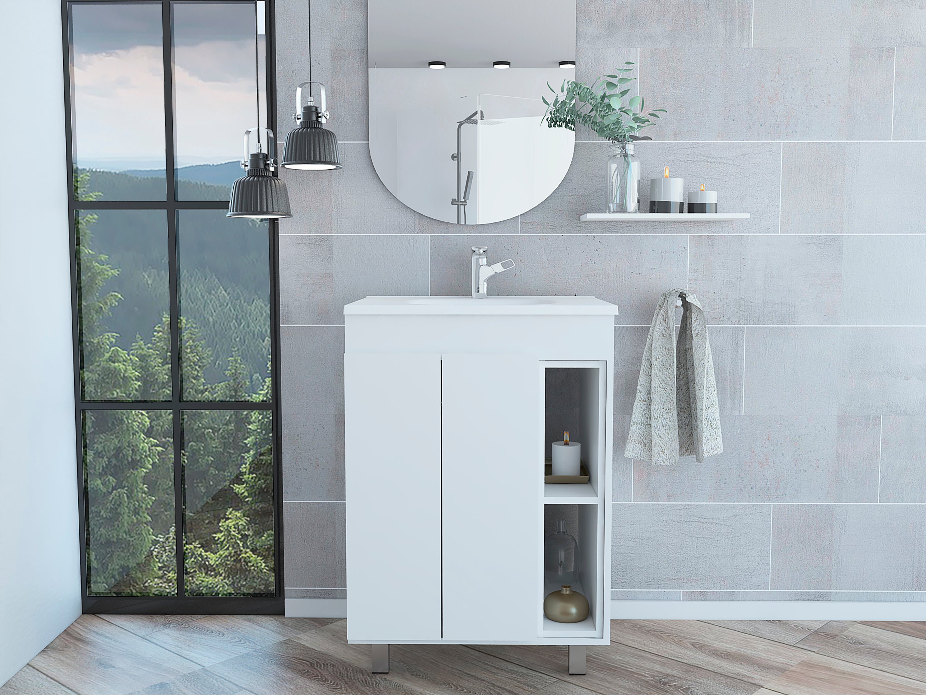 24" White Meka Bathroom Vanity: Shelves & Double Door Cabinet