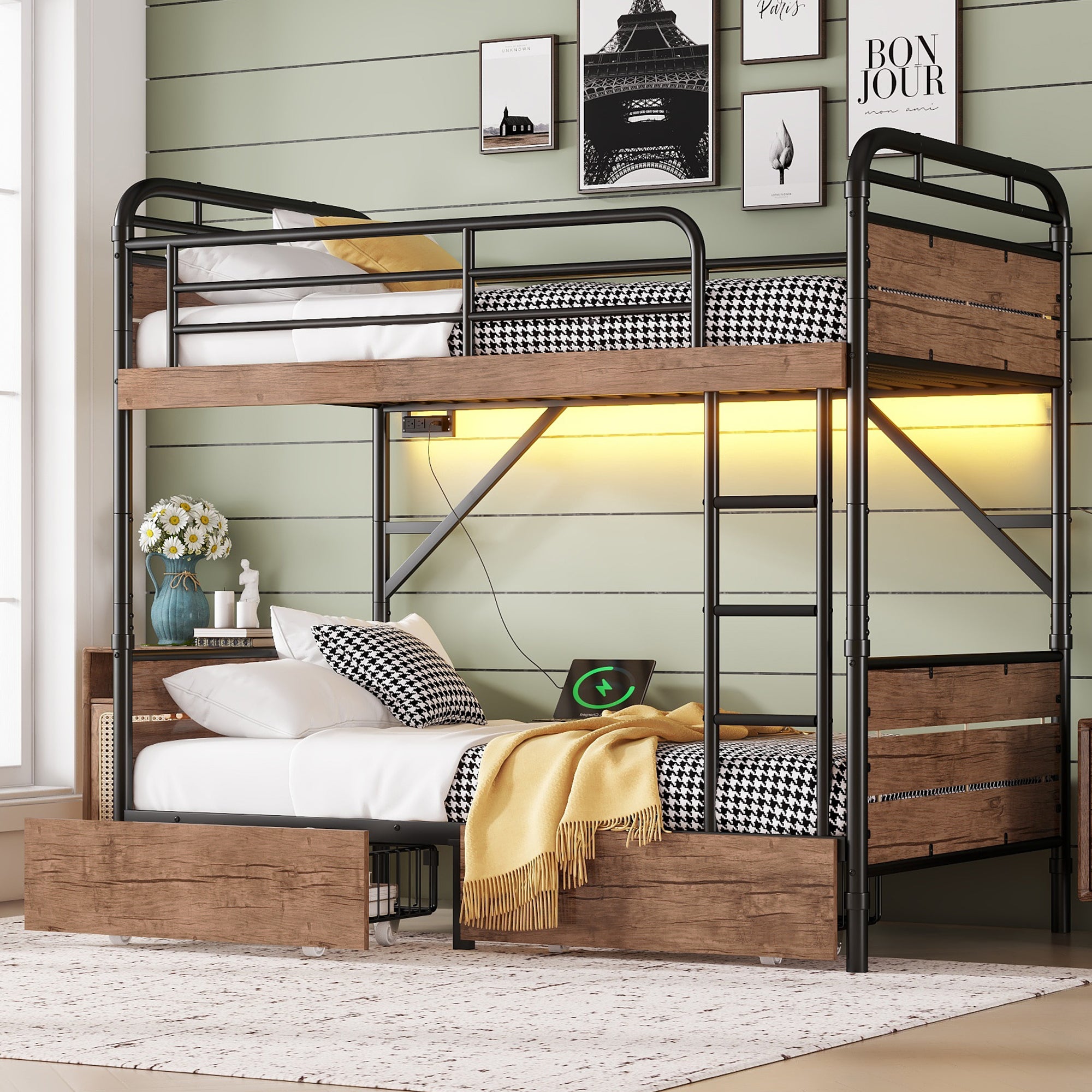 Detachable Twin XL Metal Bunk Bed w/ LED, Charge, Storage - Black