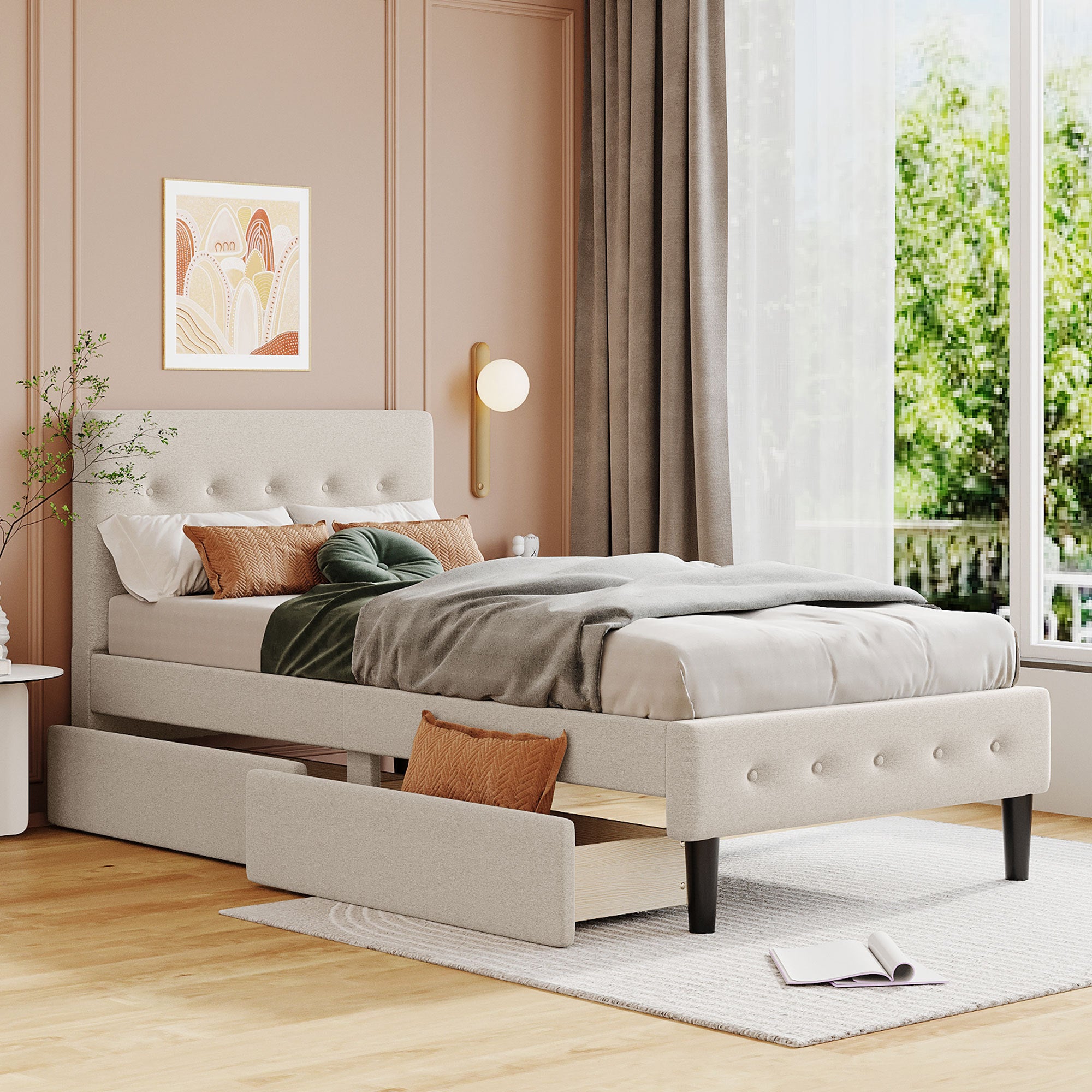 Twin Upholstered Platform Bed with 2 Drawers - Beige Storage