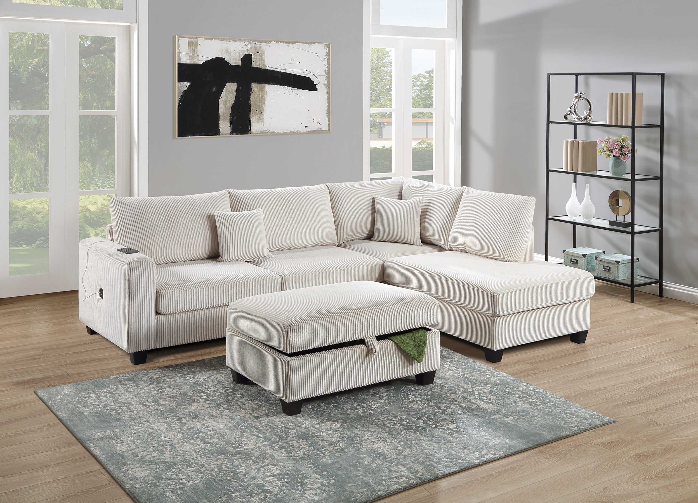 Ivory Corduroy 3pc L-Sectional Sofa Chaise Ottoman Set