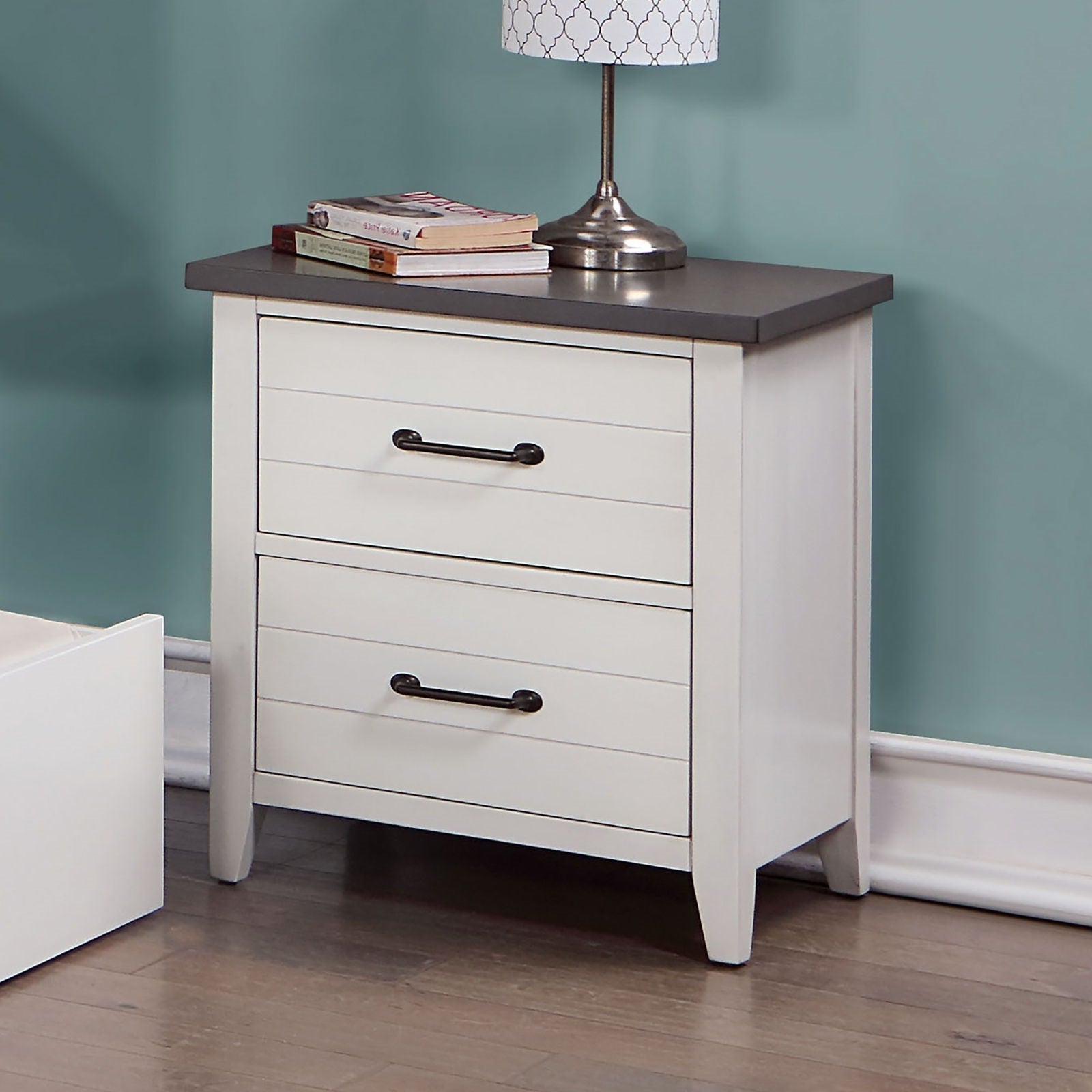White 2-Drawer Solid Wood Nightstand Bedside Table w/ Gray Top
