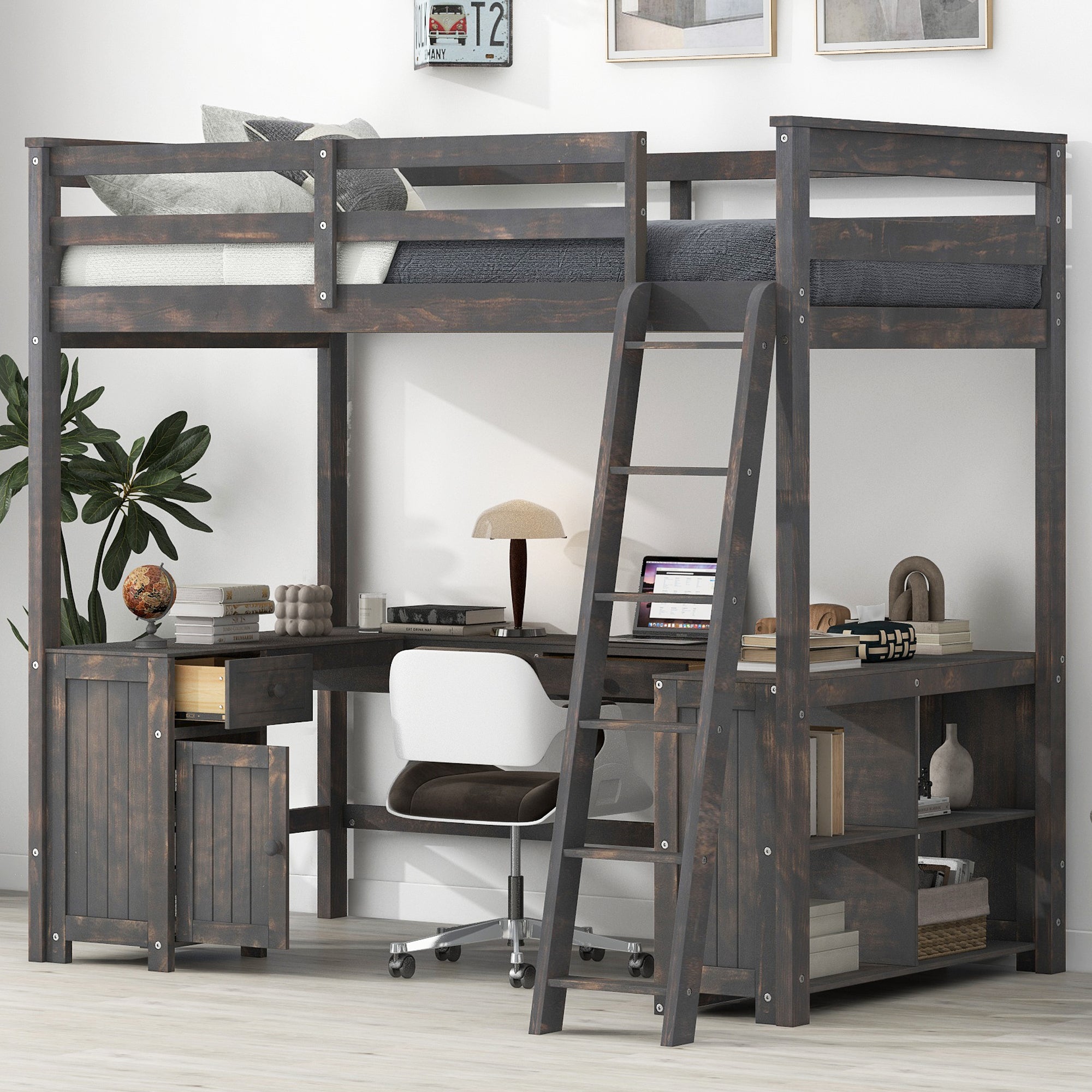 Full Size Loft Bed: U-Desk, Drawers, Storage Shelves - Antique Brown