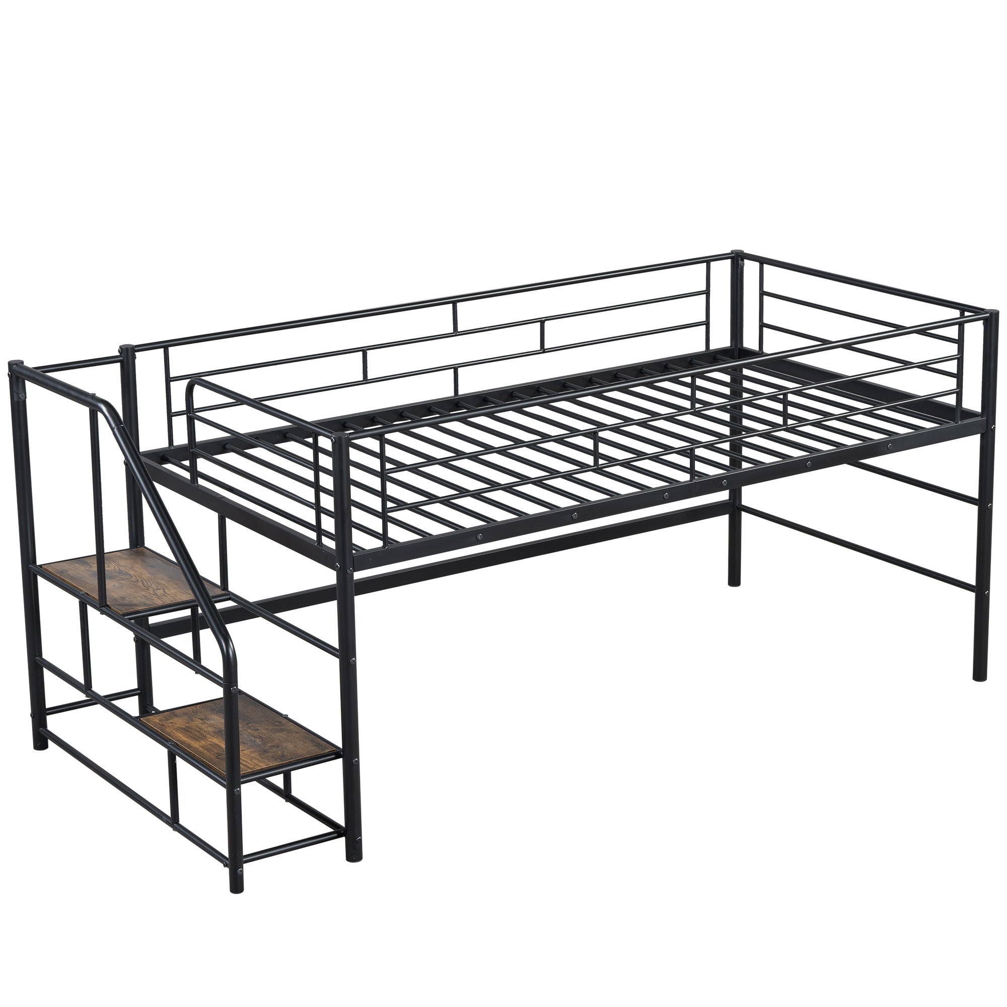 Modern Black Twin Loft Bed - Storage Stairs & Metal Frame