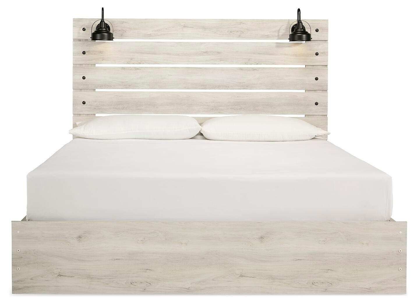 Light beige panel bed with slat headboard and white mattress, two pillows