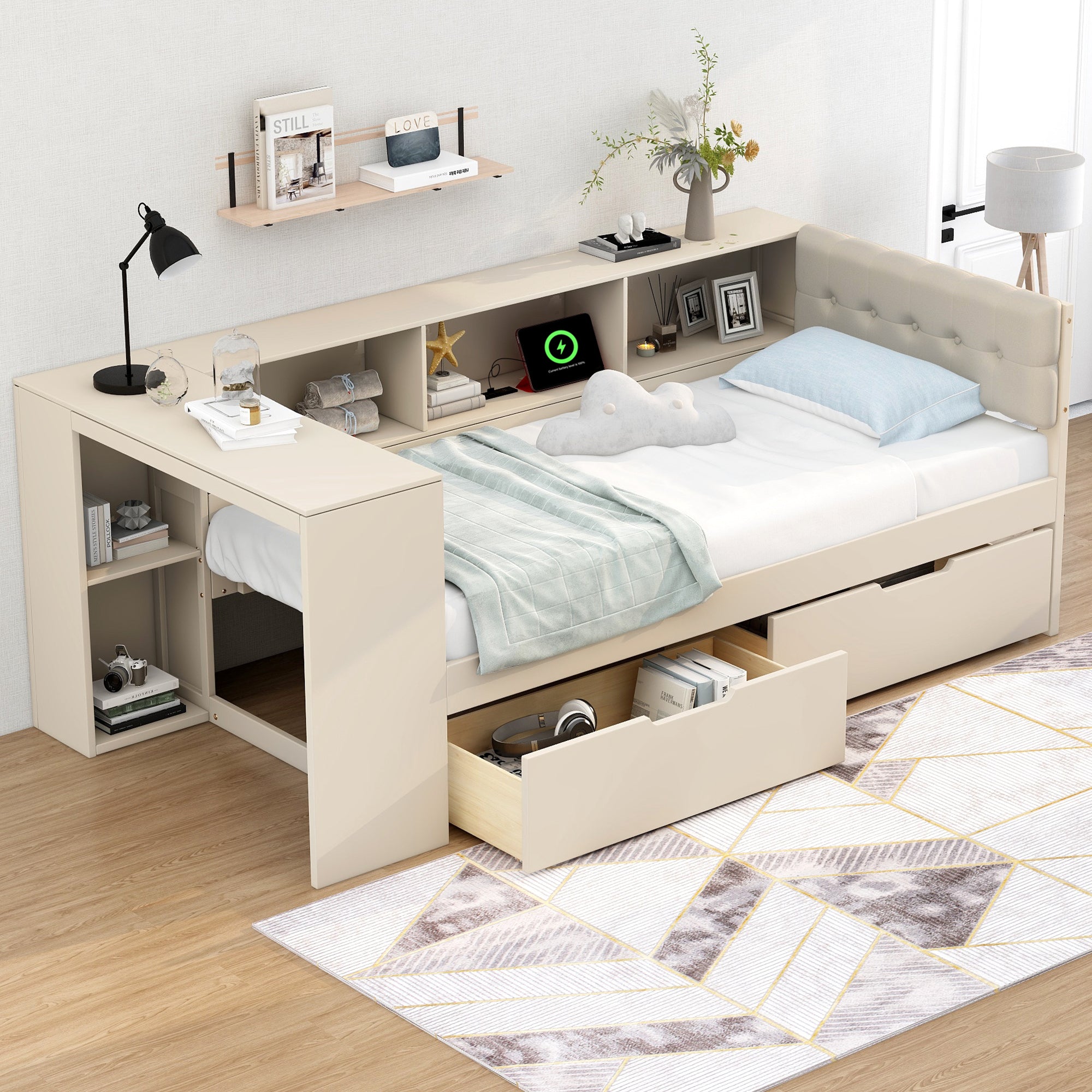 Twin Platform Bed w/Storage, Charging & Upholstered Headboard, Cream