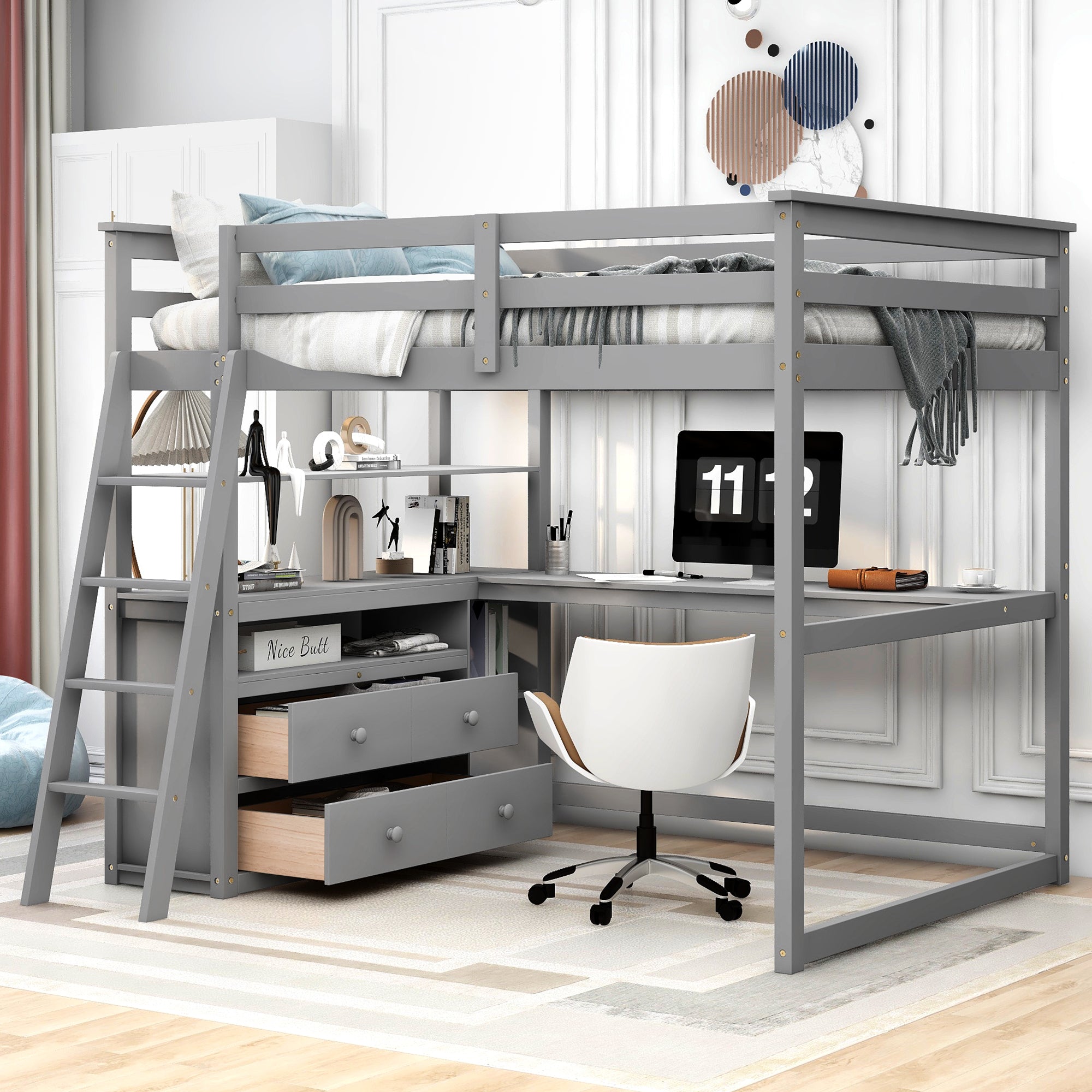 Gray Full Size Loft Bed with Desk, Shelves & Drawers