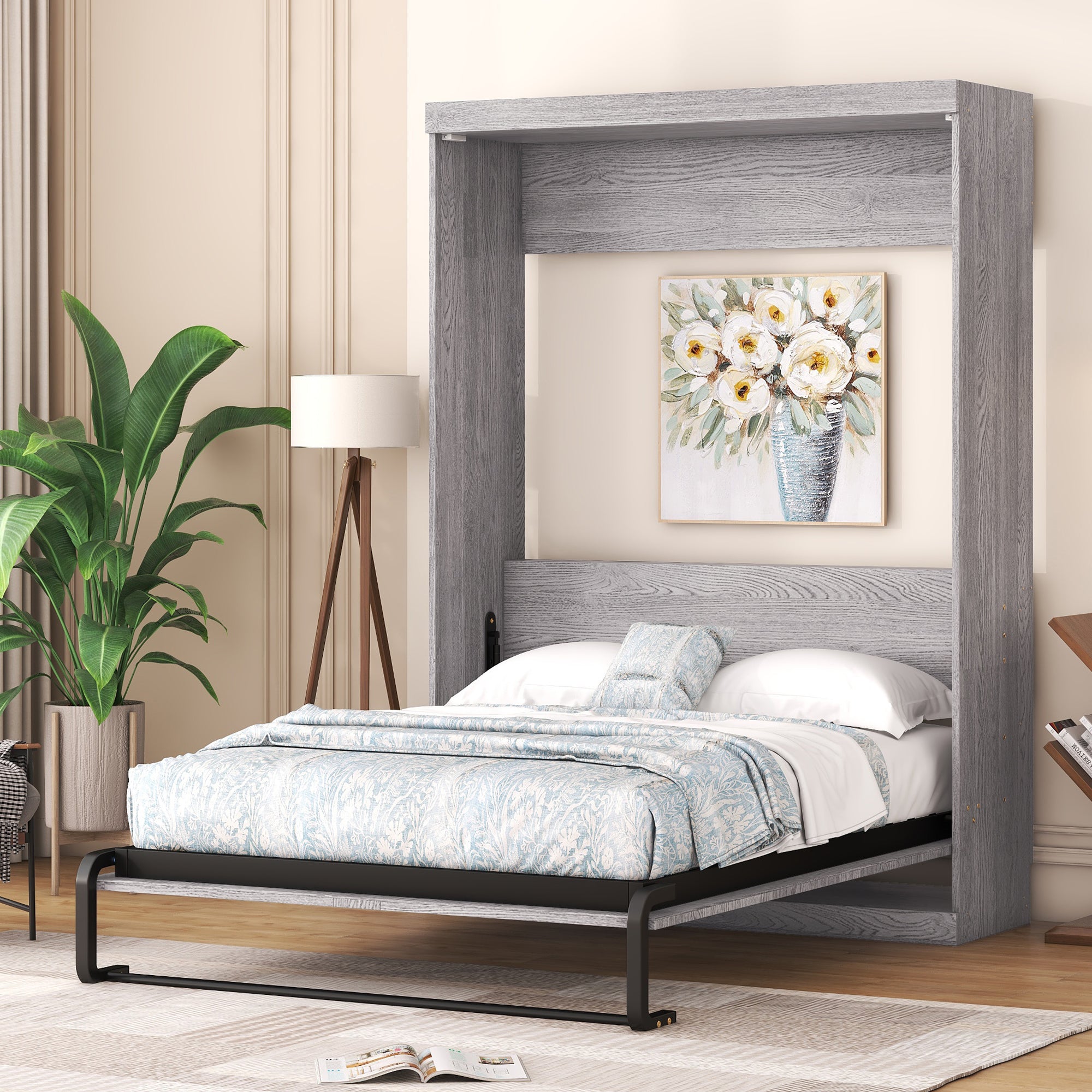 Gray Full Size Murphy Bed: Foldable Cabinet Design, Space Saving