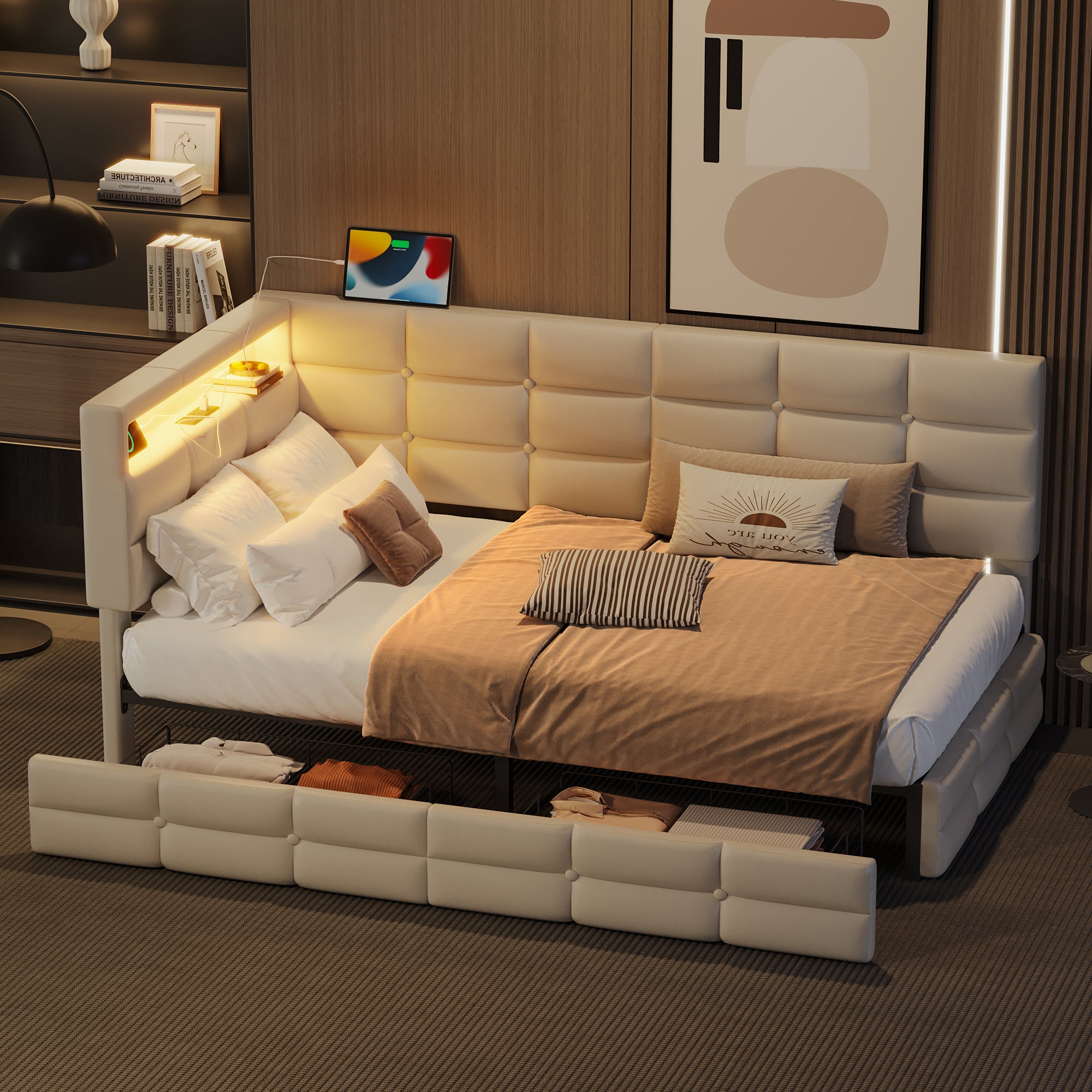 Twin Daybed: Storage, Charging, LED, Upholstered, No Box Spring