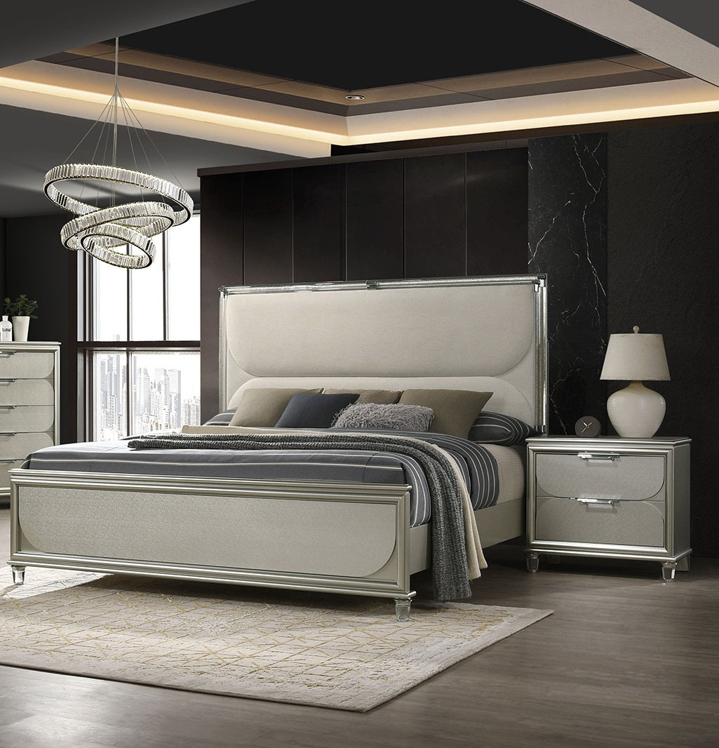 Luxury Silver Upholstered Queen Bed w/ LED Nightstands 3pc Set