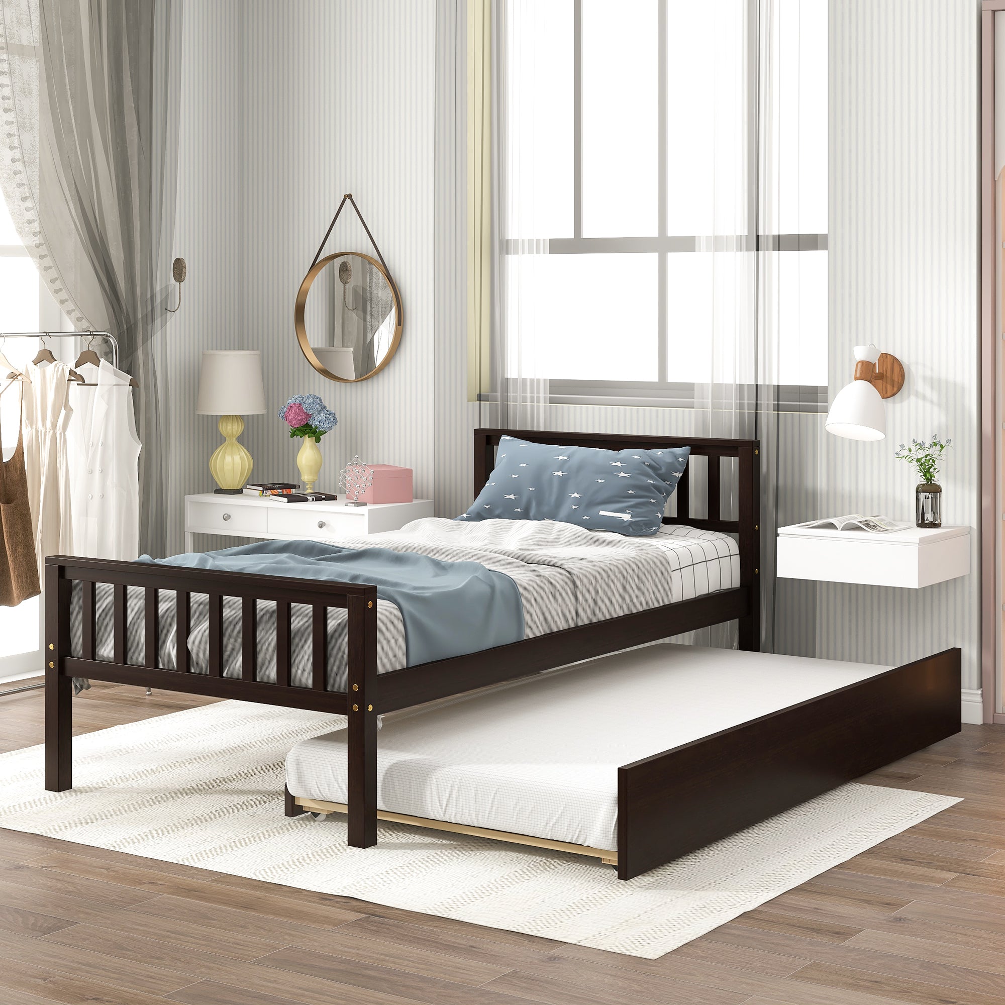 Twin Bed with Trundle Platform Frame, Headboard, No Box Spring, Espresso