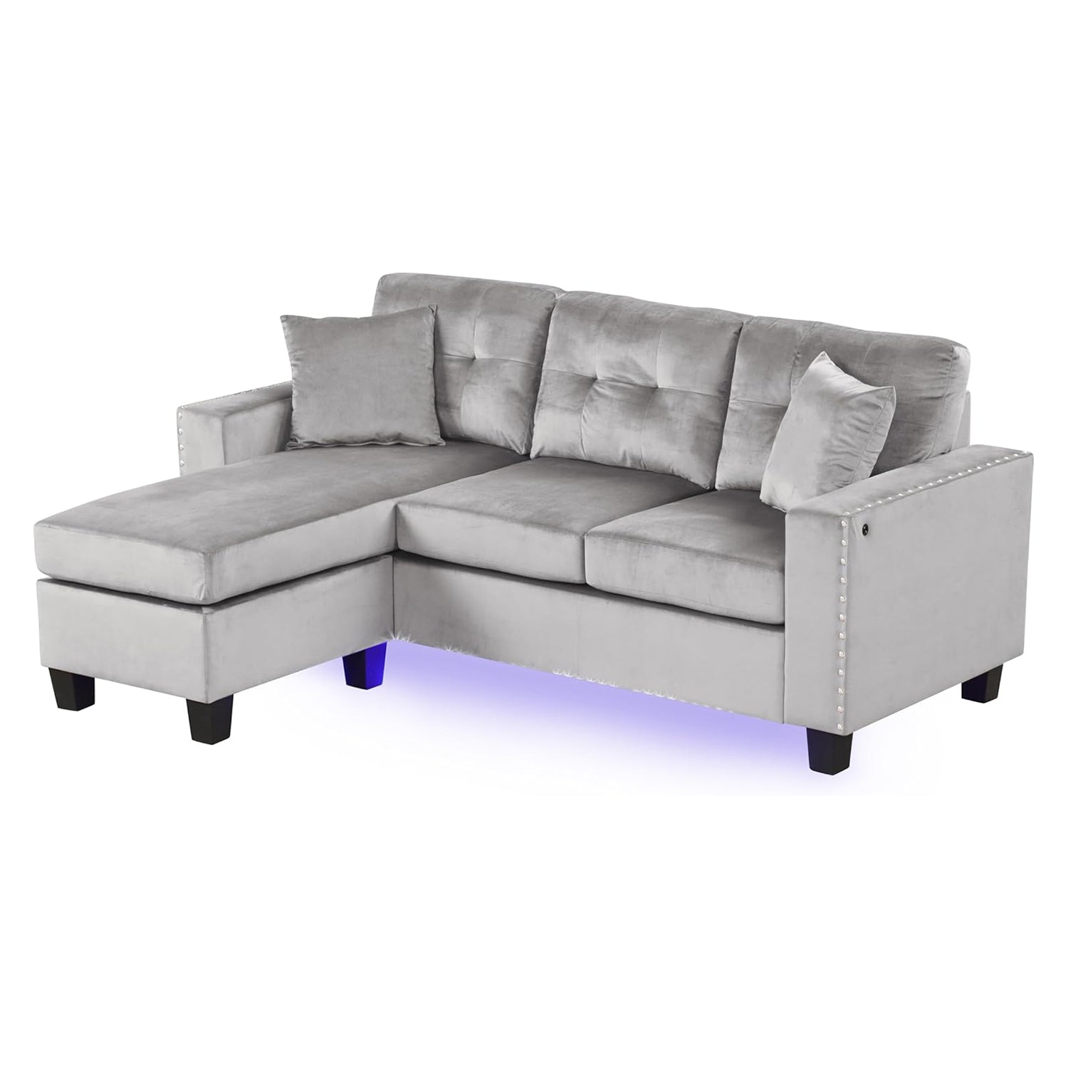 Gray Velvet Reversible Sectional Sofa Chaise with LED Light