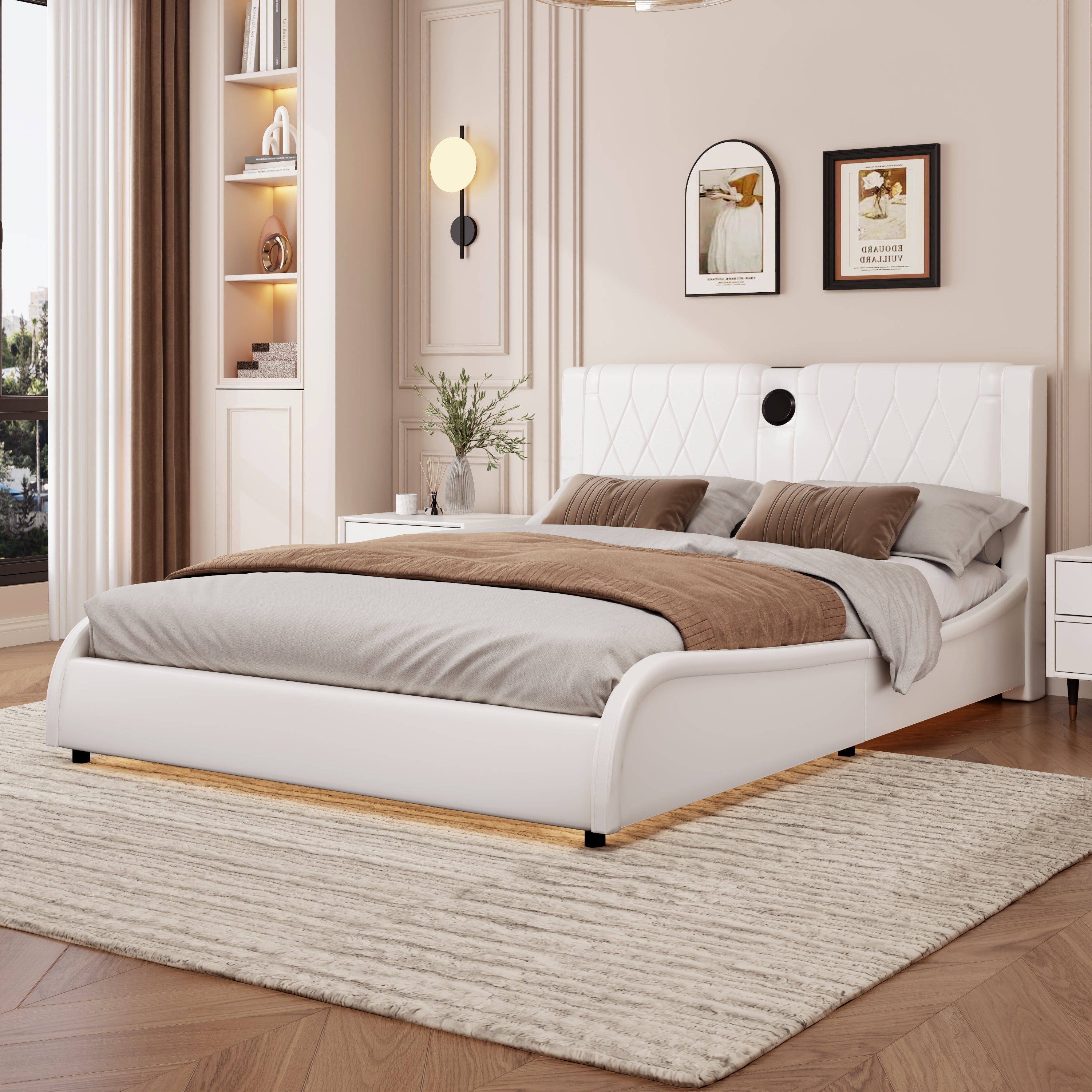 King Size Faux Leather Platform Bed: LED, Bluetooth & No Box Spring
