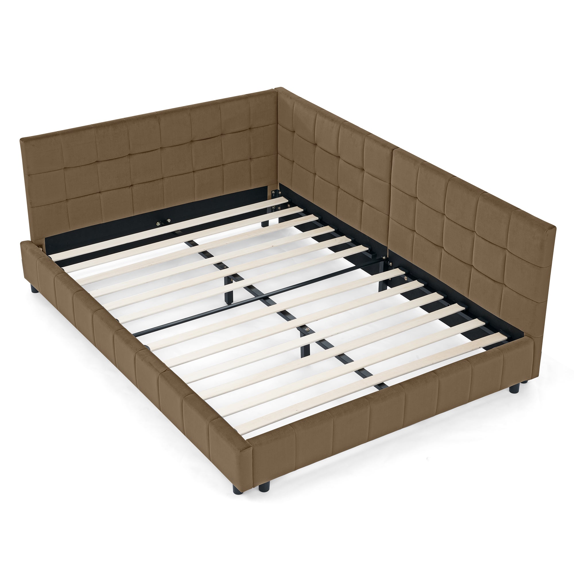 Mid-Century Full Size Upholstered Bed Frame Brown Velvet Tufted