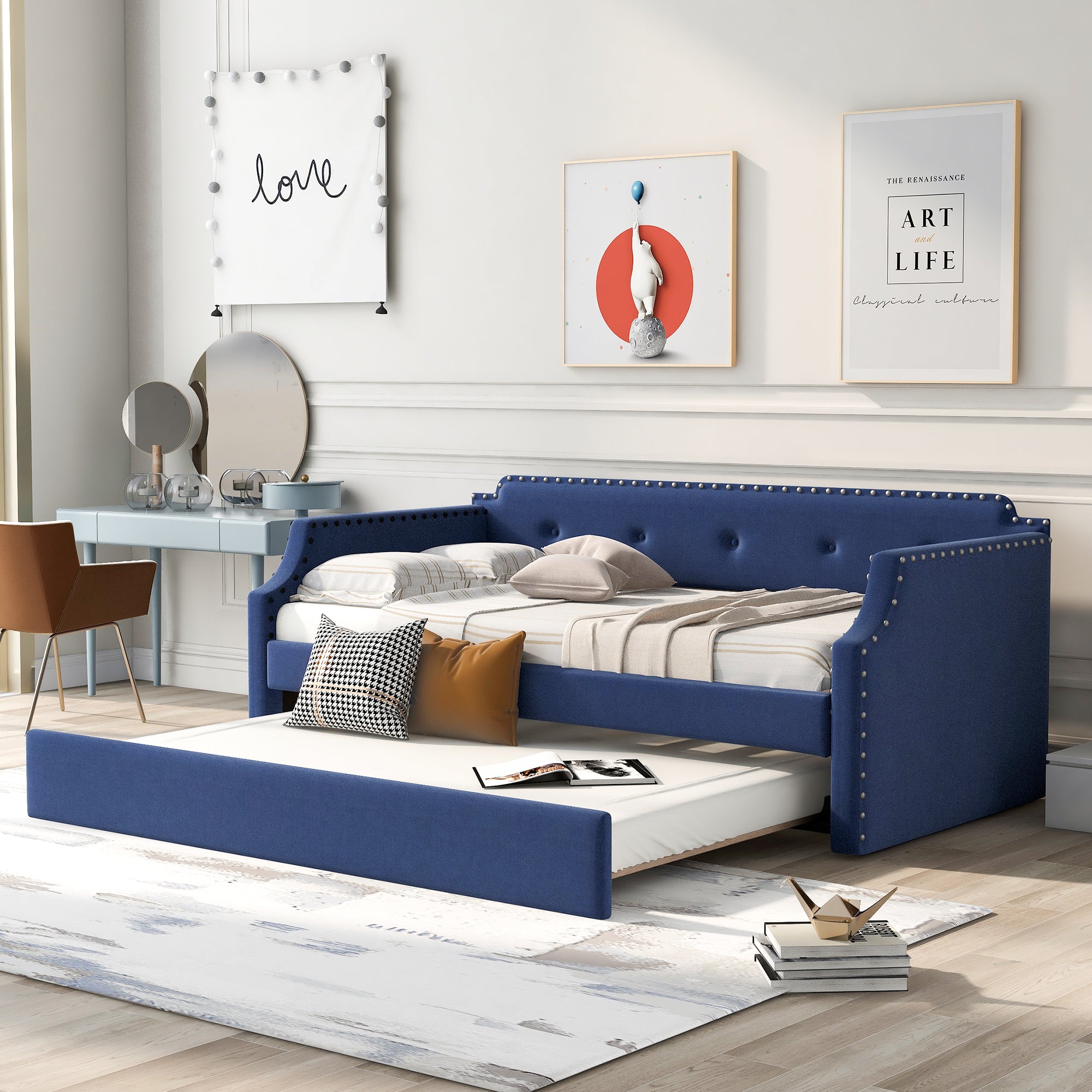 Blue Upholstered Twin Daybed with Trundle & Wood Slat Support