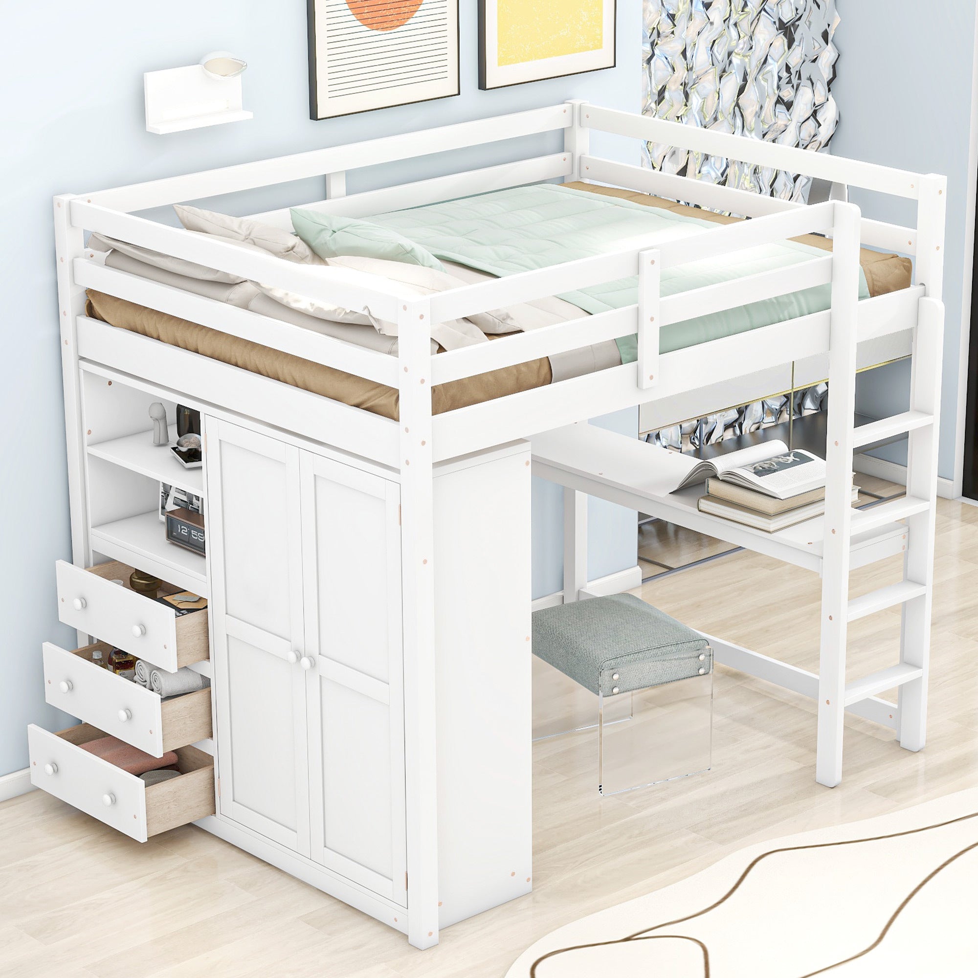 White Wood Full Size Loft Bed: Wardrobe, Desk & Storage
