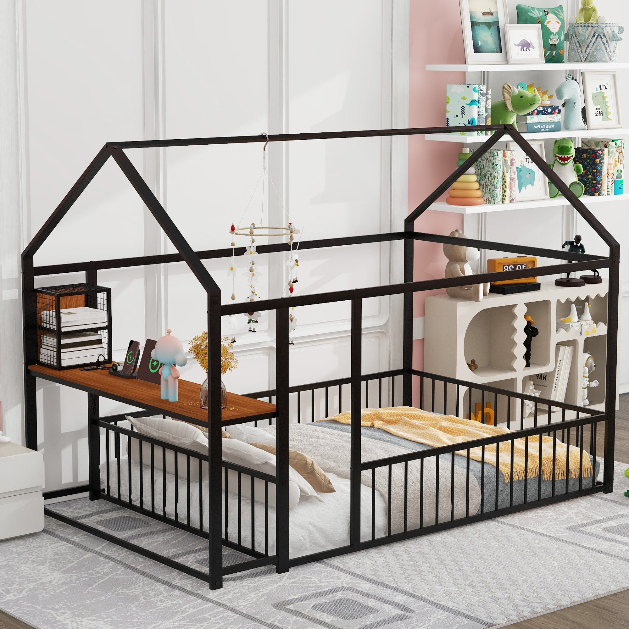Full Size Metal House Bed Frame: Desk, Shelves, Outlets, USB Ports