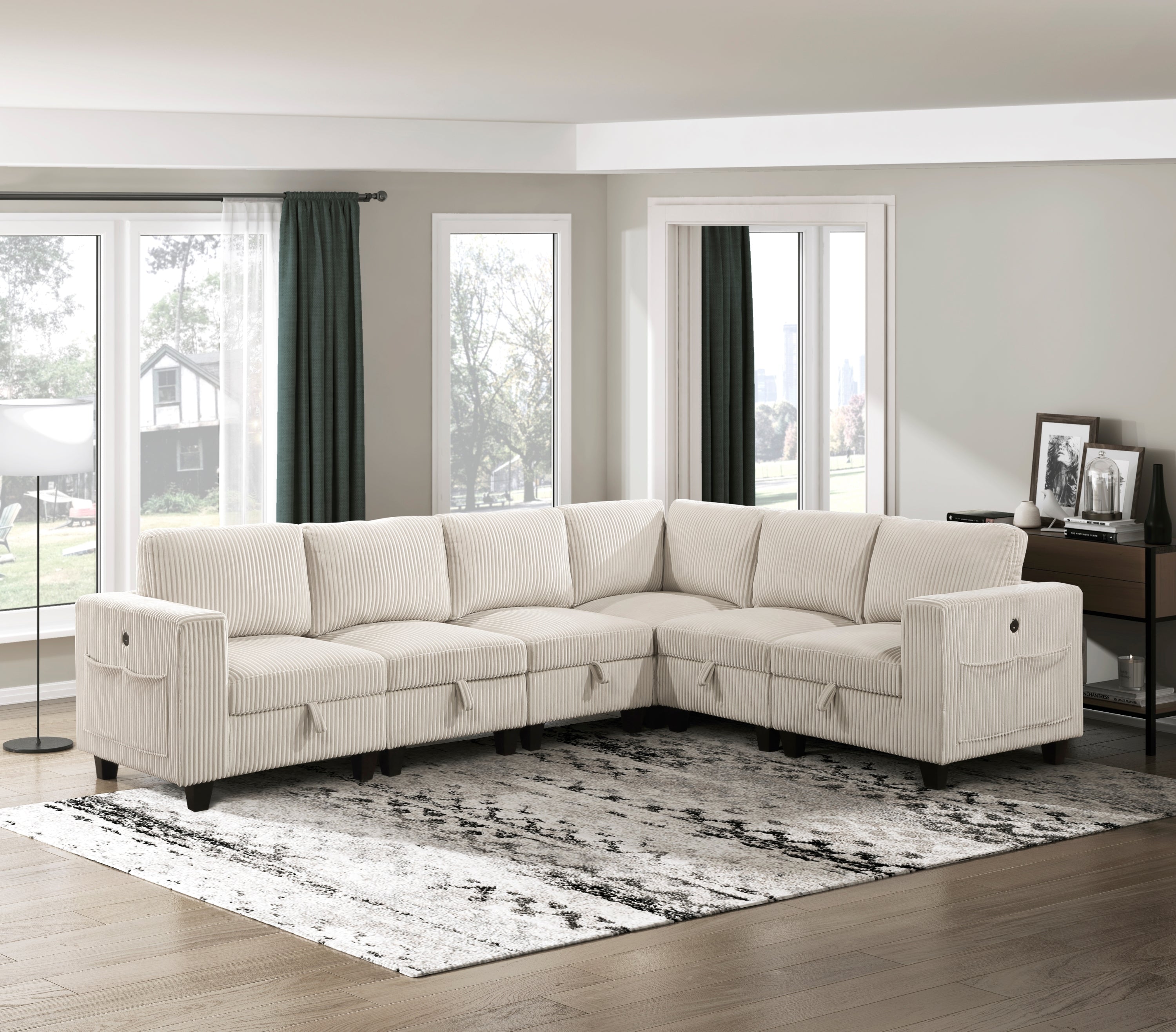 Modern 6-Pc Beige Corduroy Sectional with Storage & Charge