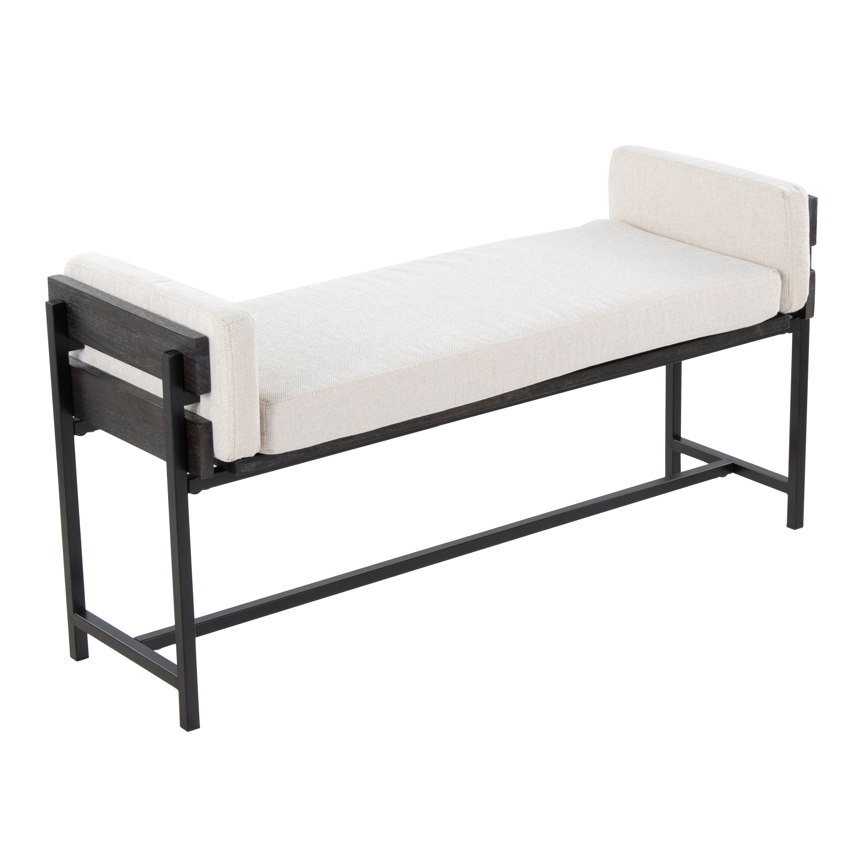 Kari 18" Farmhouse Bench - Black Metal, Grey Wood, Cream Fabric