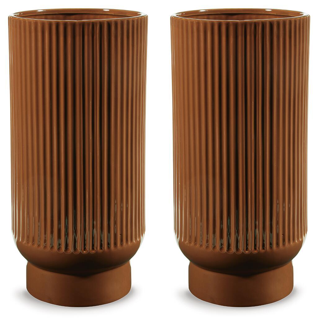 Avalyah dark brown fluted vase set of 2, ribbed column form with round base