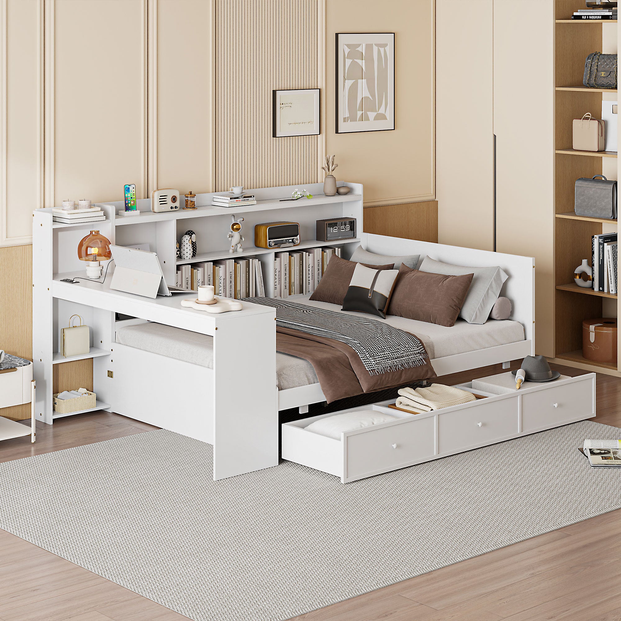 White Full Size Wooden Daybed: 3 Drawers, USB Ports, Desk